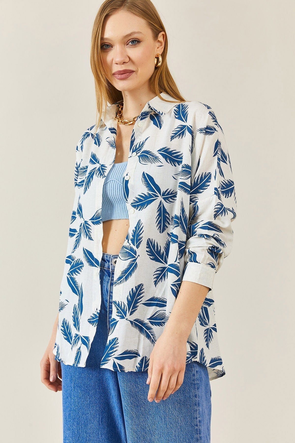 Sophia Blue Leaves Design Button Down Shirt
