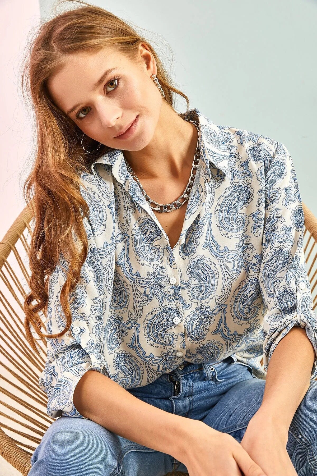 Sophia Blue Paisley Designer Long Sleeved Blouse