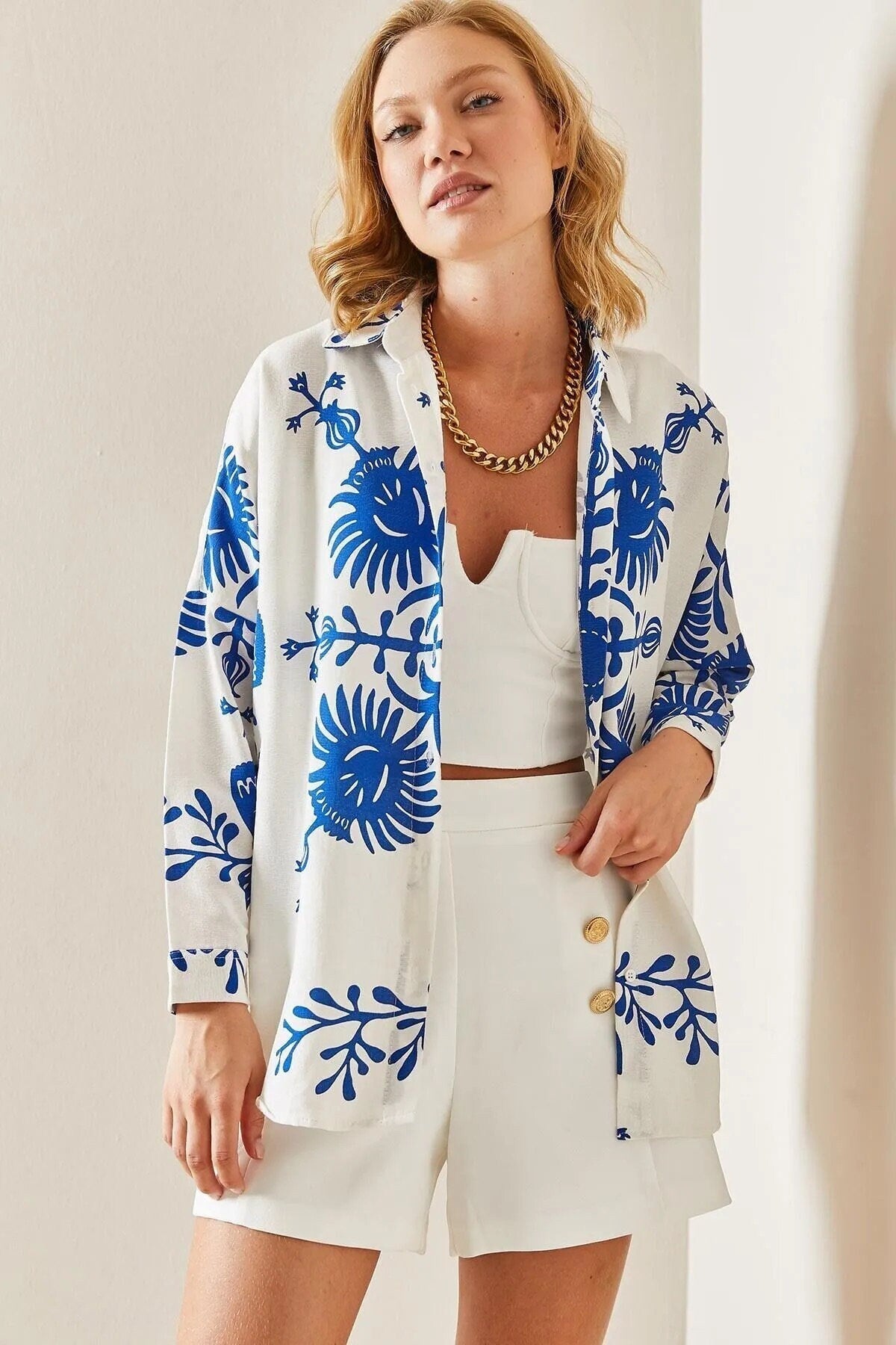 Lola Designer Blue Floral Long Sleeved Linen Blouse