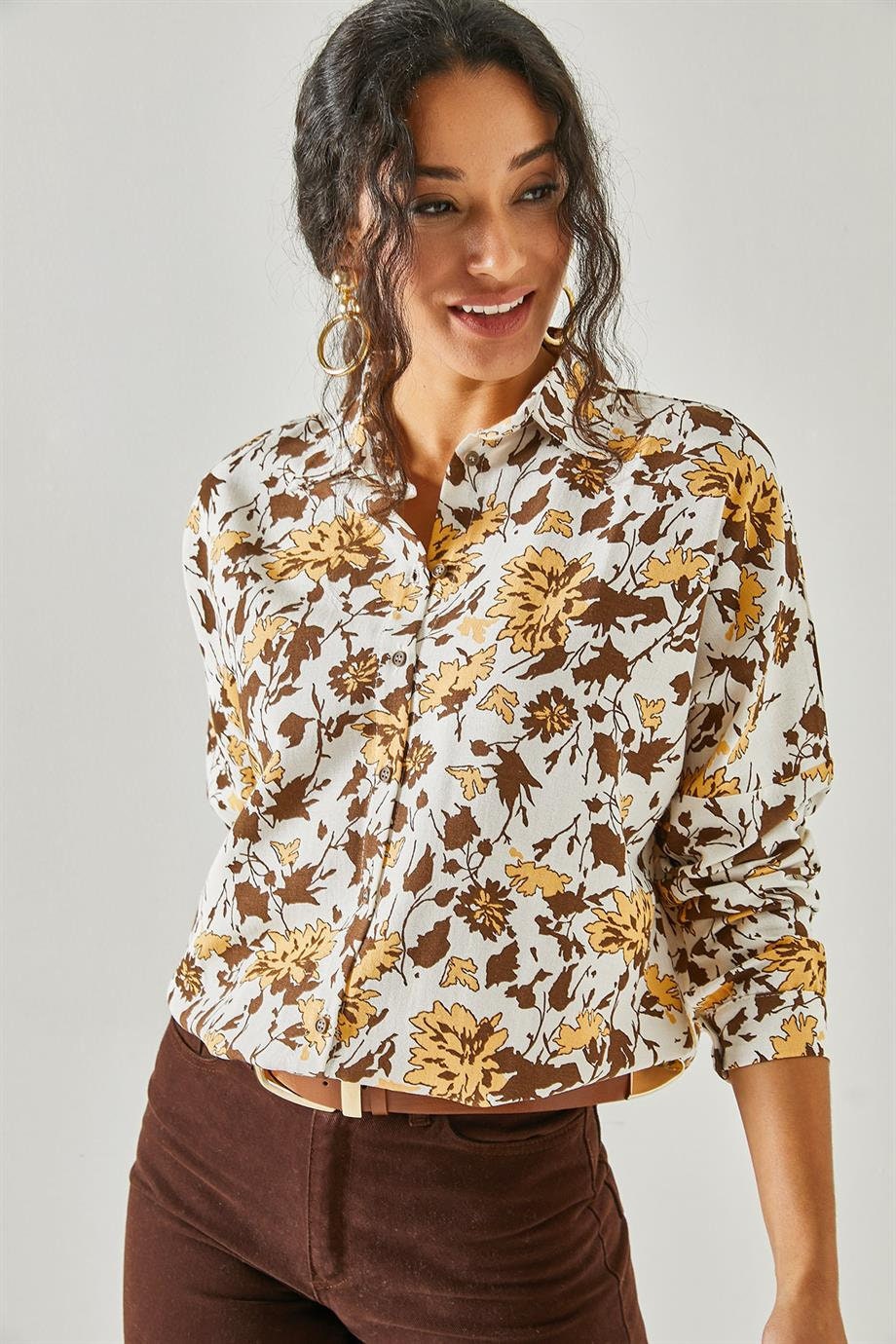 Lola Brown Floral Linen Button-Down Shirt