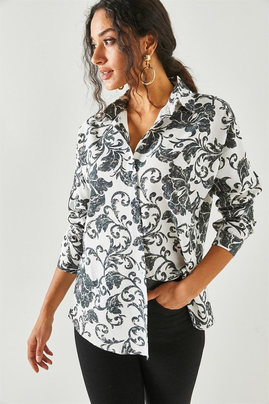 Lola Black Floral Linen Button Down Shirt