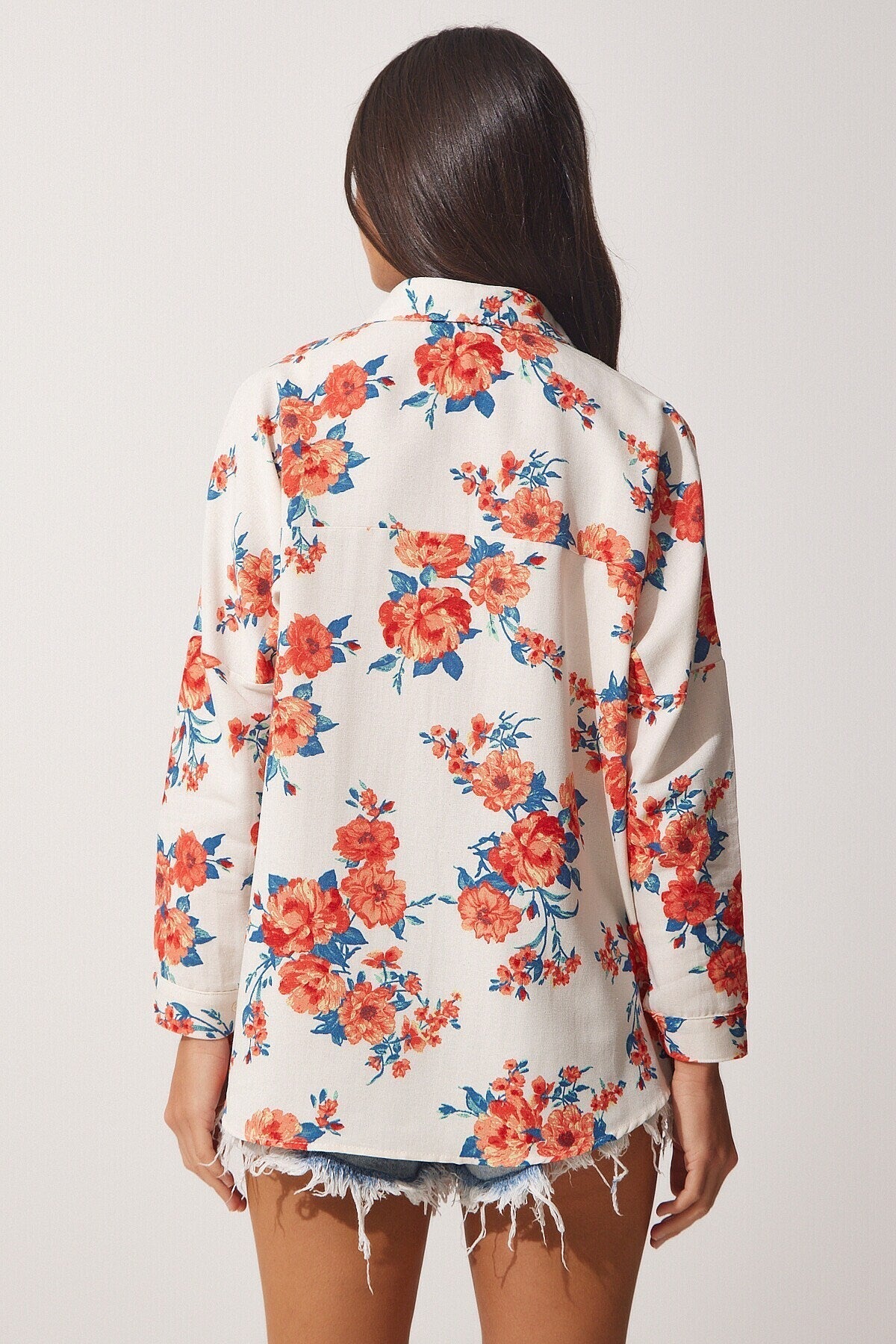 Lola Orange Floral Pattern Linen Button Down Shirt