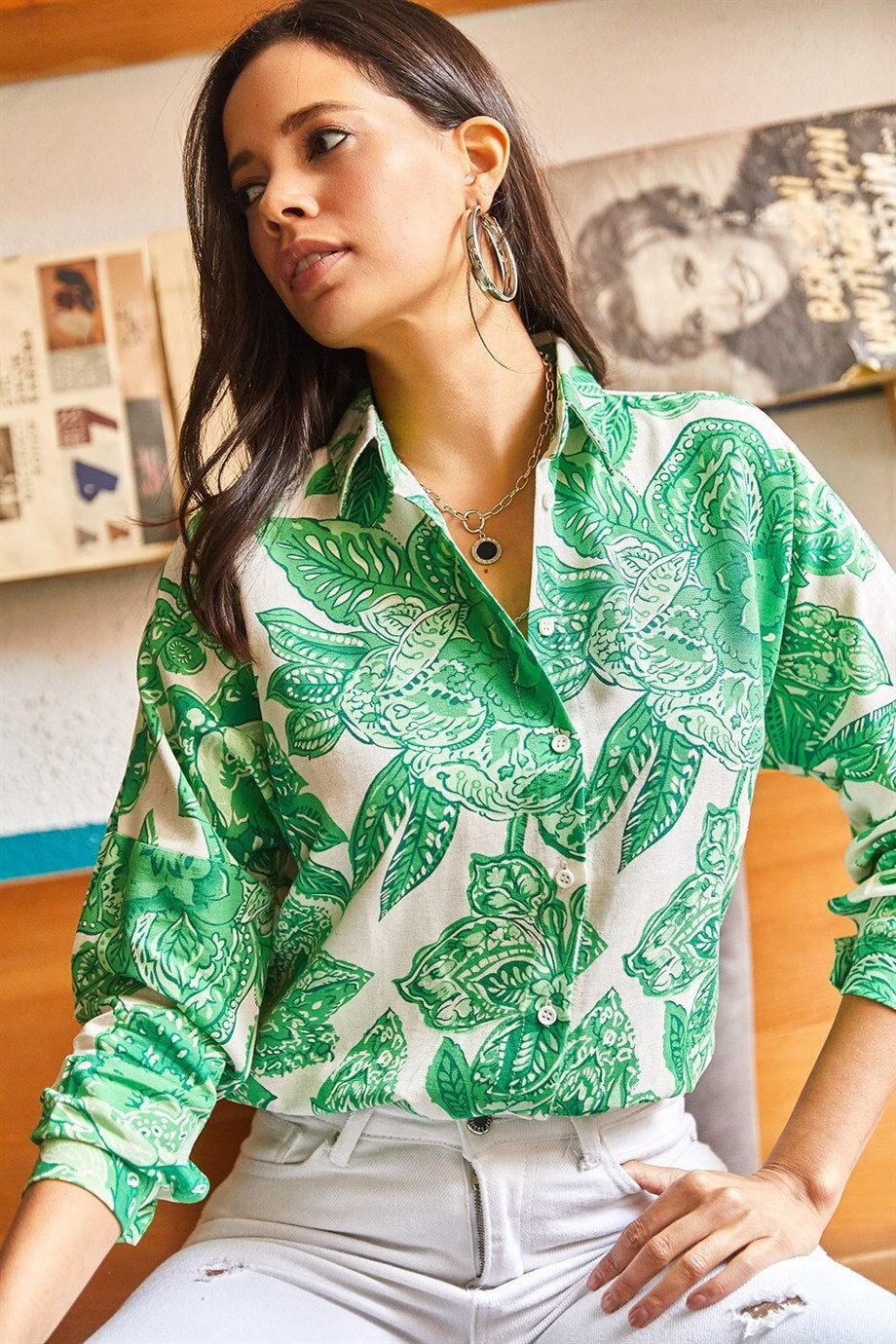 Lola Green Big Floral Designer Linen Blend Button Down Shirt