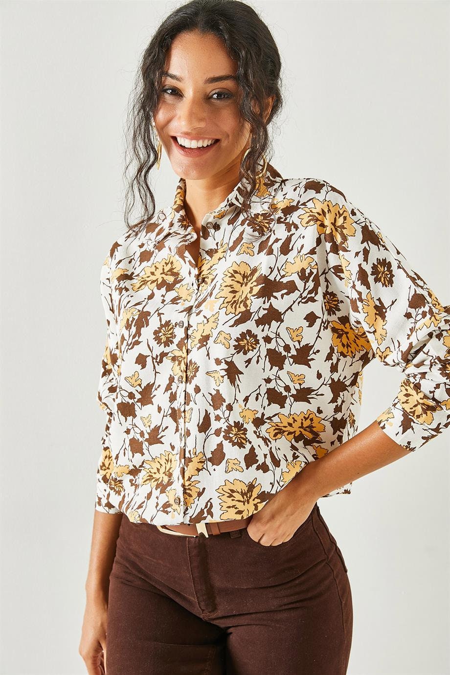 Lola Brown Floral Linen Button-Down Shirt
