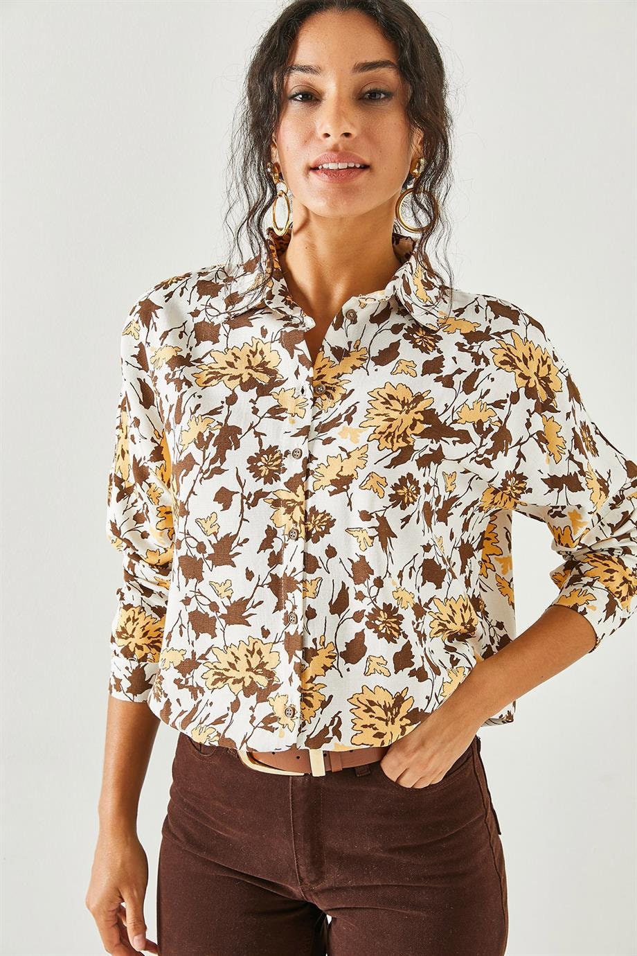 Lola Brown Floral Linen Button-Down Shirt