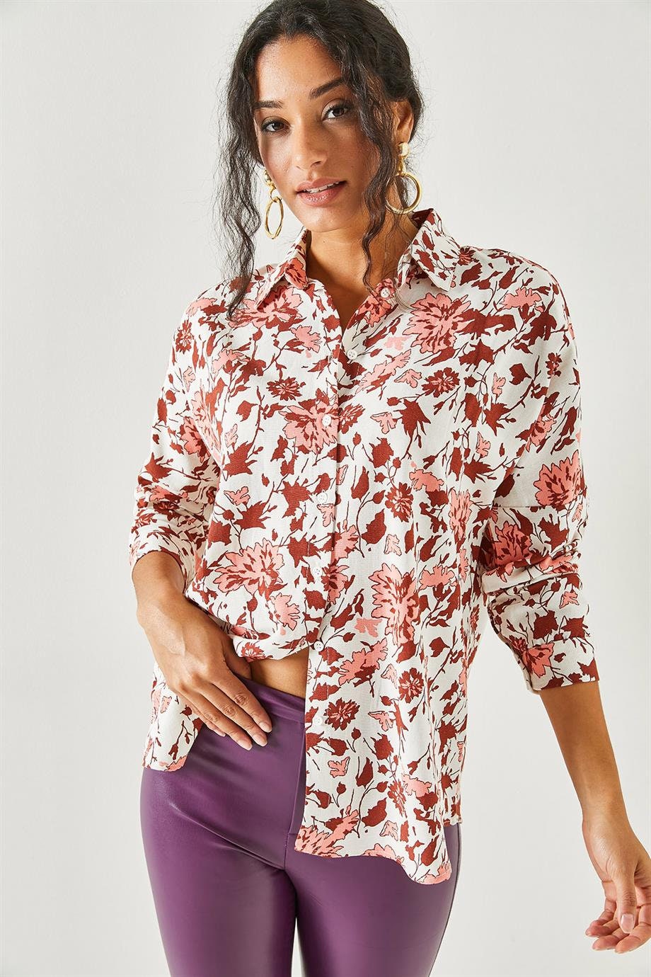 Lola Burgundy Floral Linen Button Down Shirt