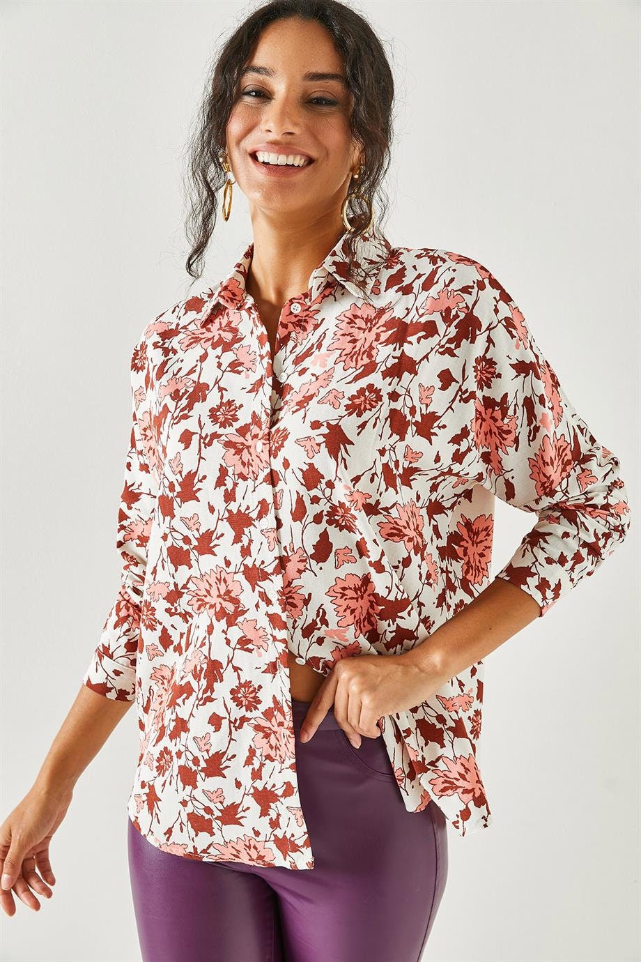Lola Burgundy Floral Linen Button Down Shirt