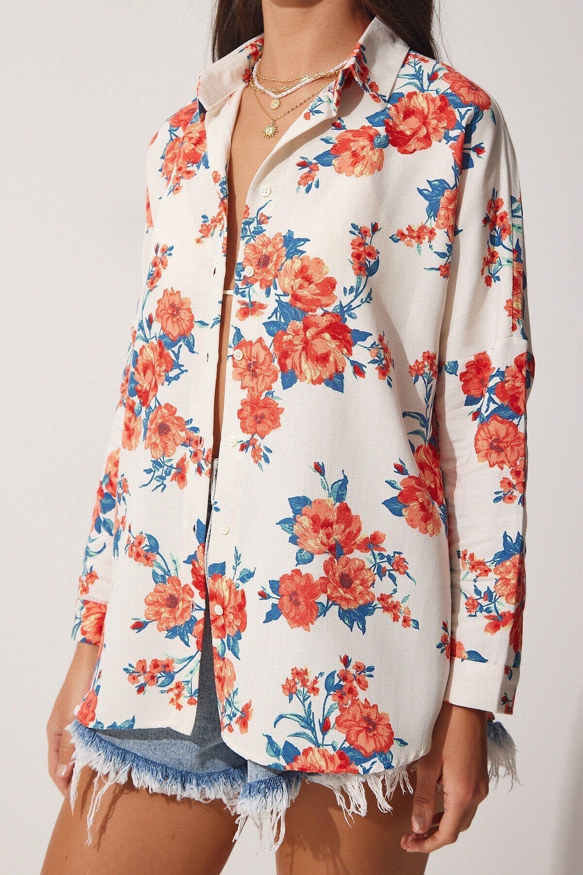 Lola Orange Floral Pattern Linen Button Down Shirt