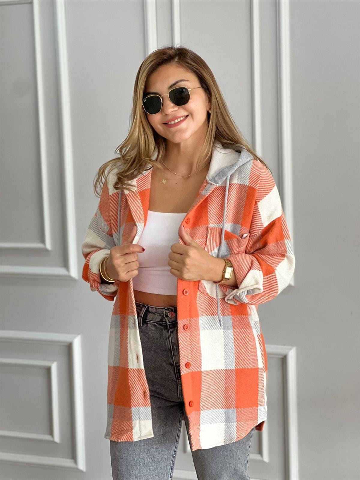 Harper Soft Blue Cream Cotton Plaid Shacket with Hoodie