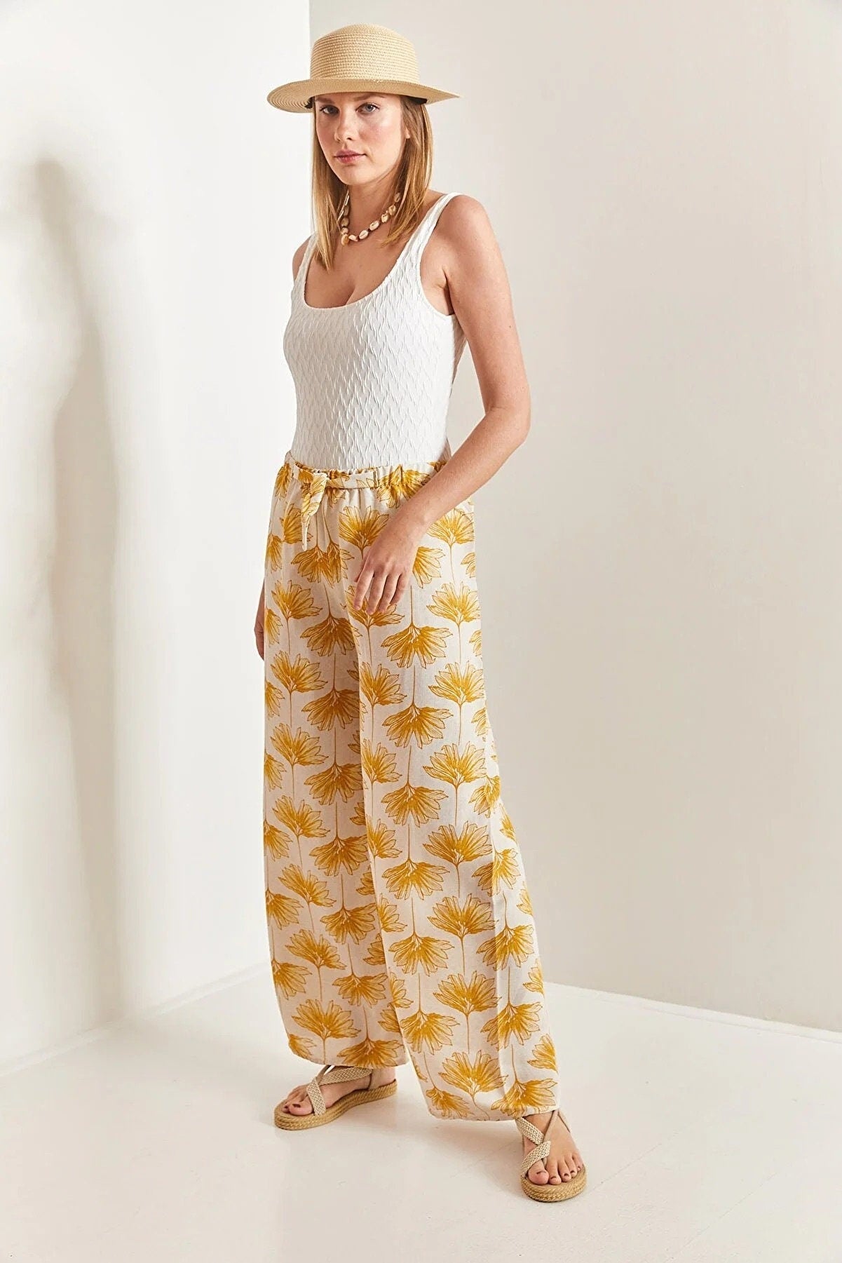 Clara Yellow Gingko Print Wide Leg Linen Pants