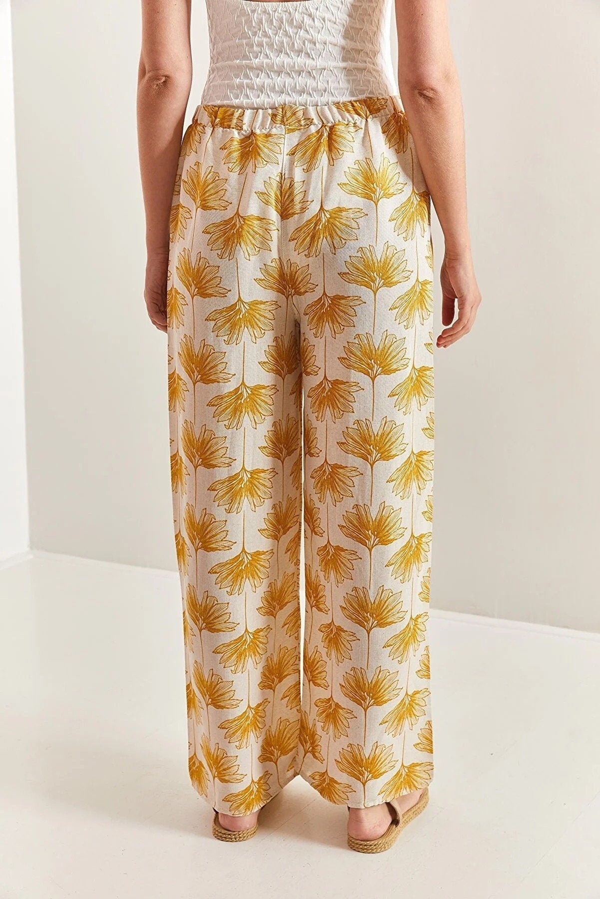 Clara Yellow Gingko Print Wide Leg Linen Pants