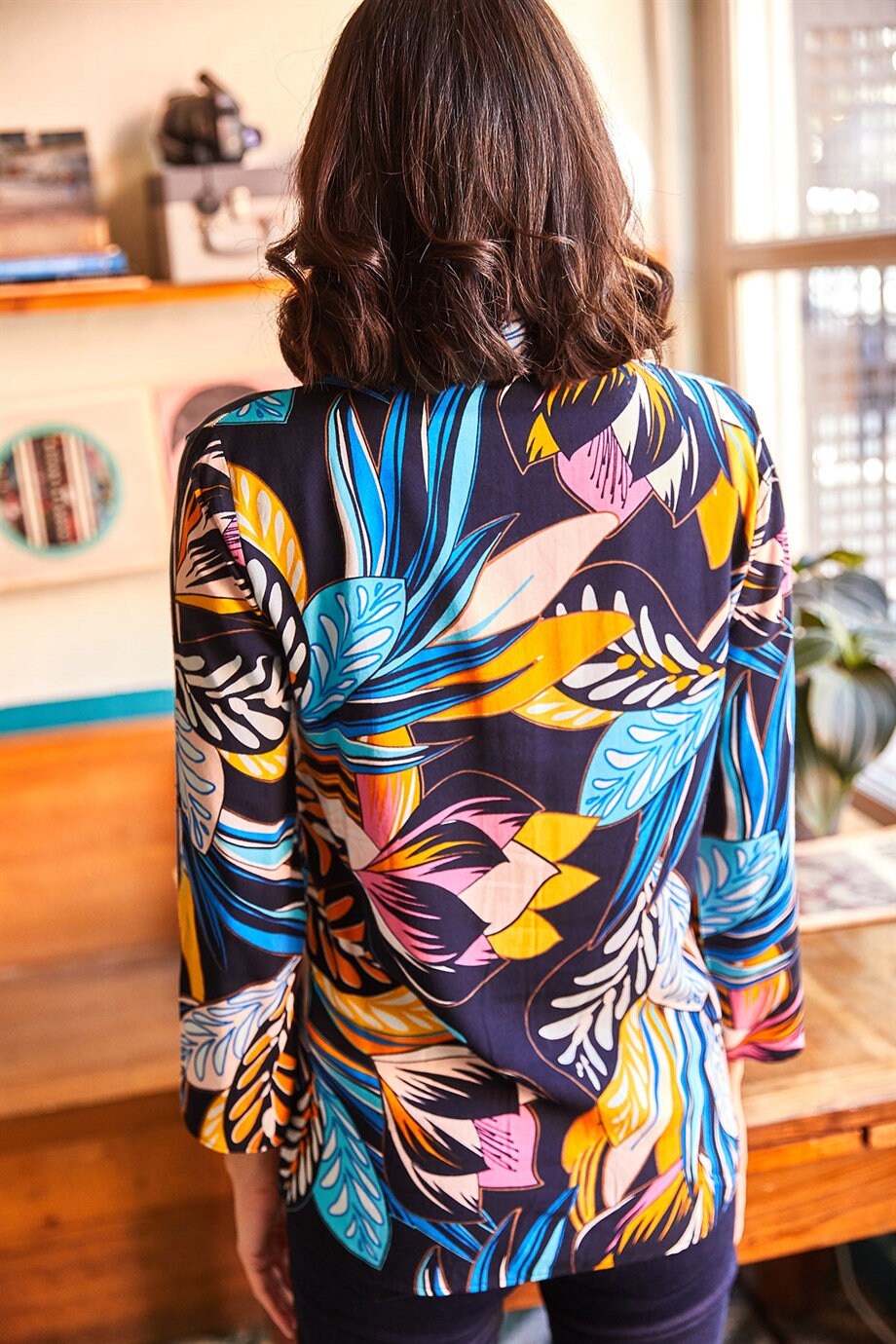 Sophia Dark Blue Colorful Leaf Print Blouse