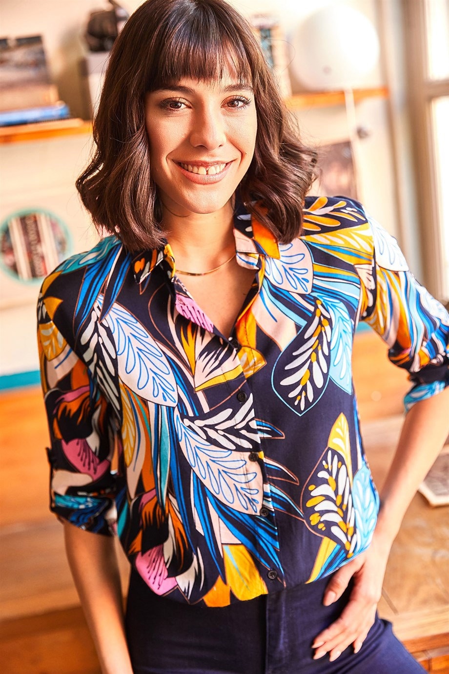 Sophia Dark Blue Colorful Leaf Print Blouse