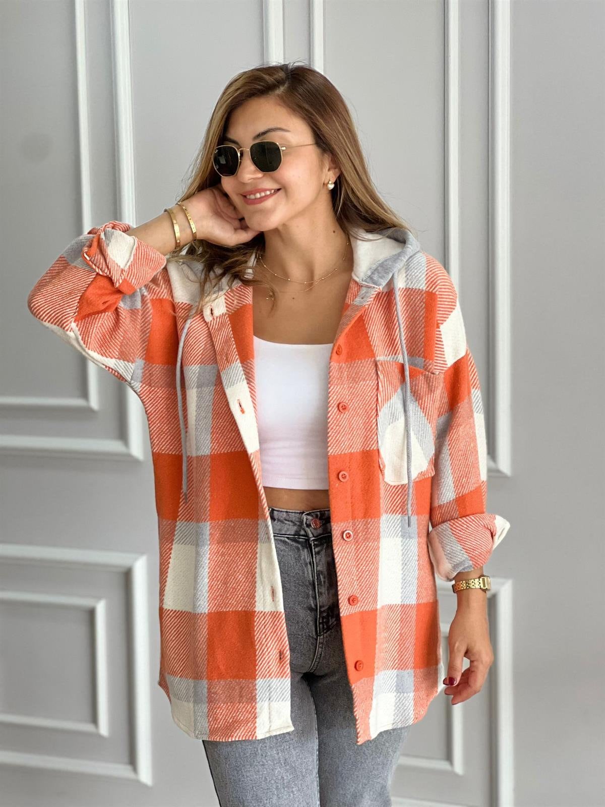 Harper Soft Blue Cream Cotton Plaid Shacket with Hoodie