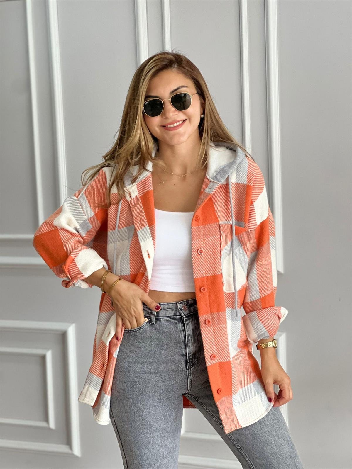 Harper Soft Blue Cream Cotton Plaid Shacket with Hoodie