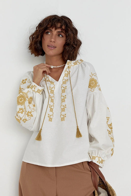 Ecru Gold Bird Floral Embroidered Cotton Blouse