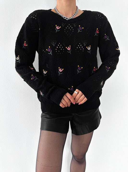 Black Floral Embroidered Knitted Pullover