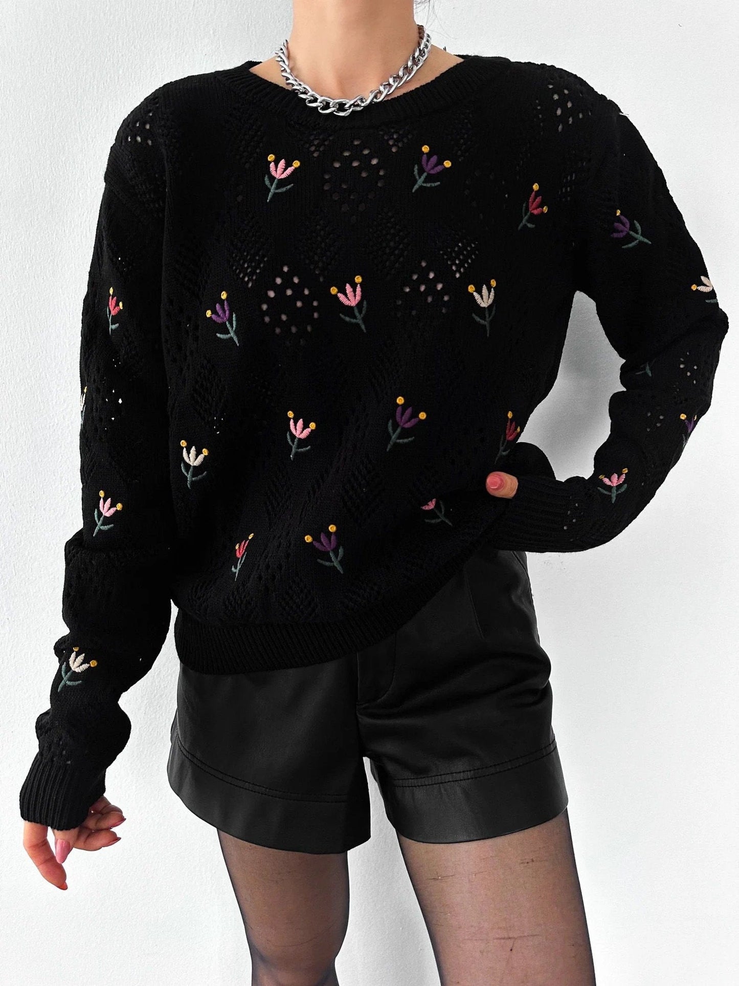 Black Floral Embroidered Knitted Pullover