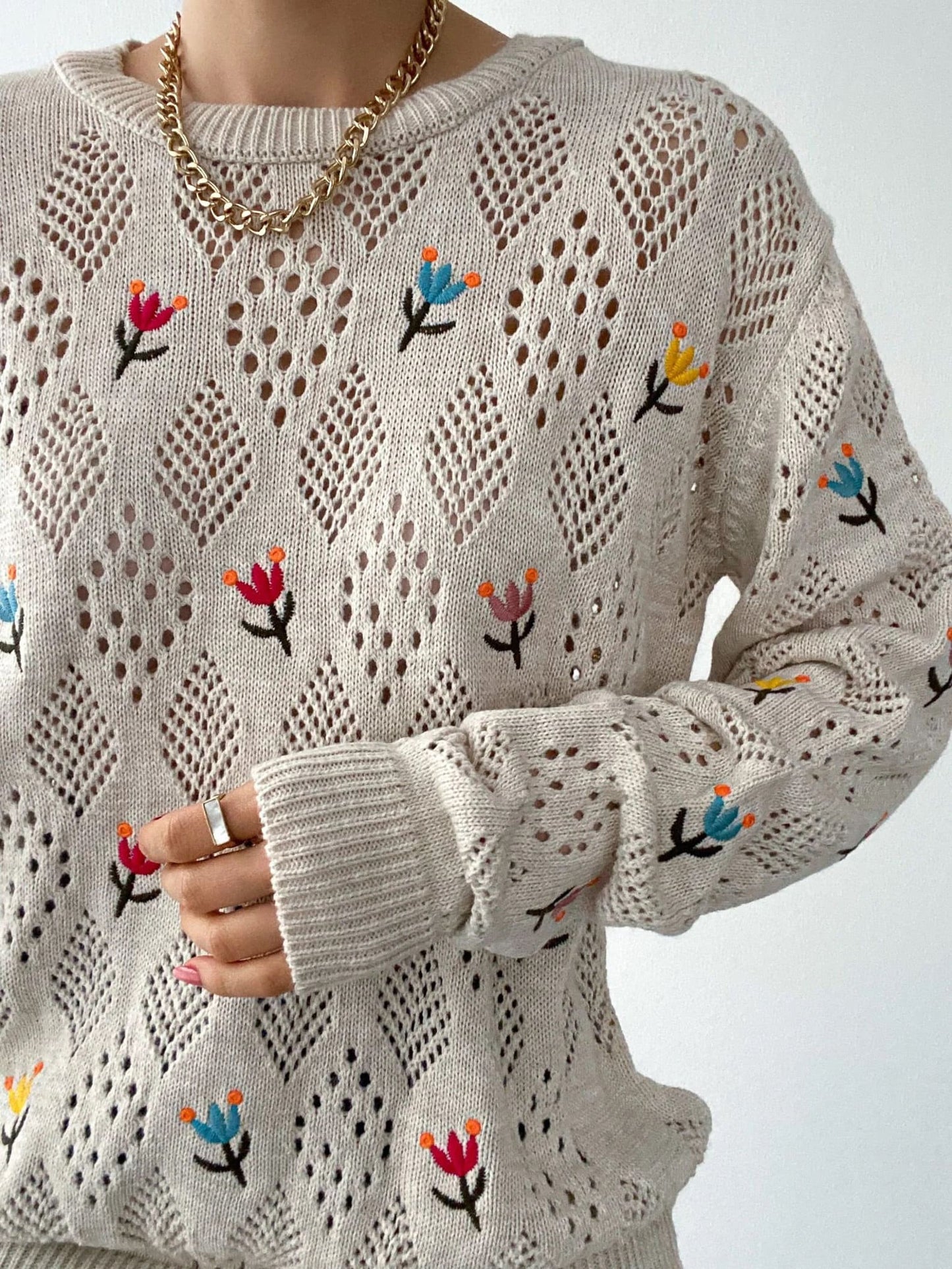 Black Floral Embroidered Knitted Pullover