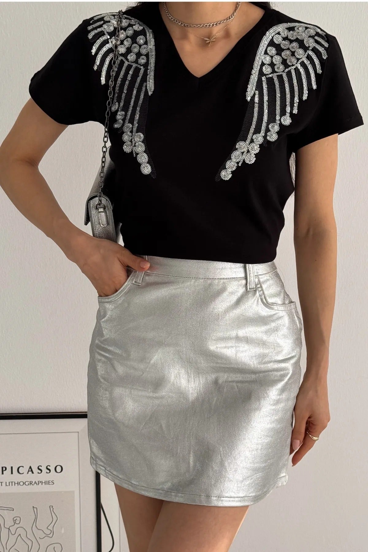 Tilda Black Wing Sequin Cotton T-Shirt