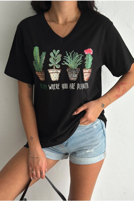 Tilda Black Cactus Floral Sequin Cotton T-Shirt