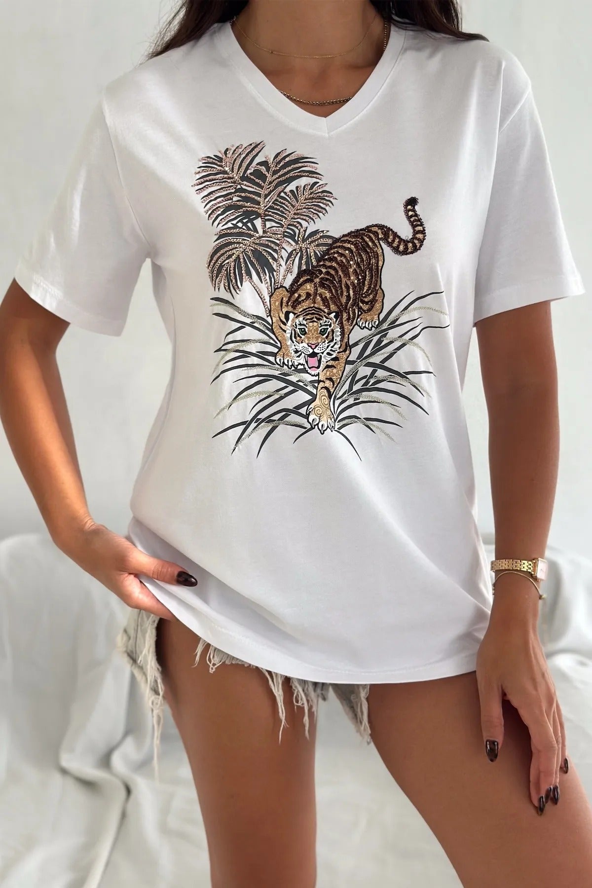Tilda Leopard Sequin Cotton Short Sleeve T-Shirt - White