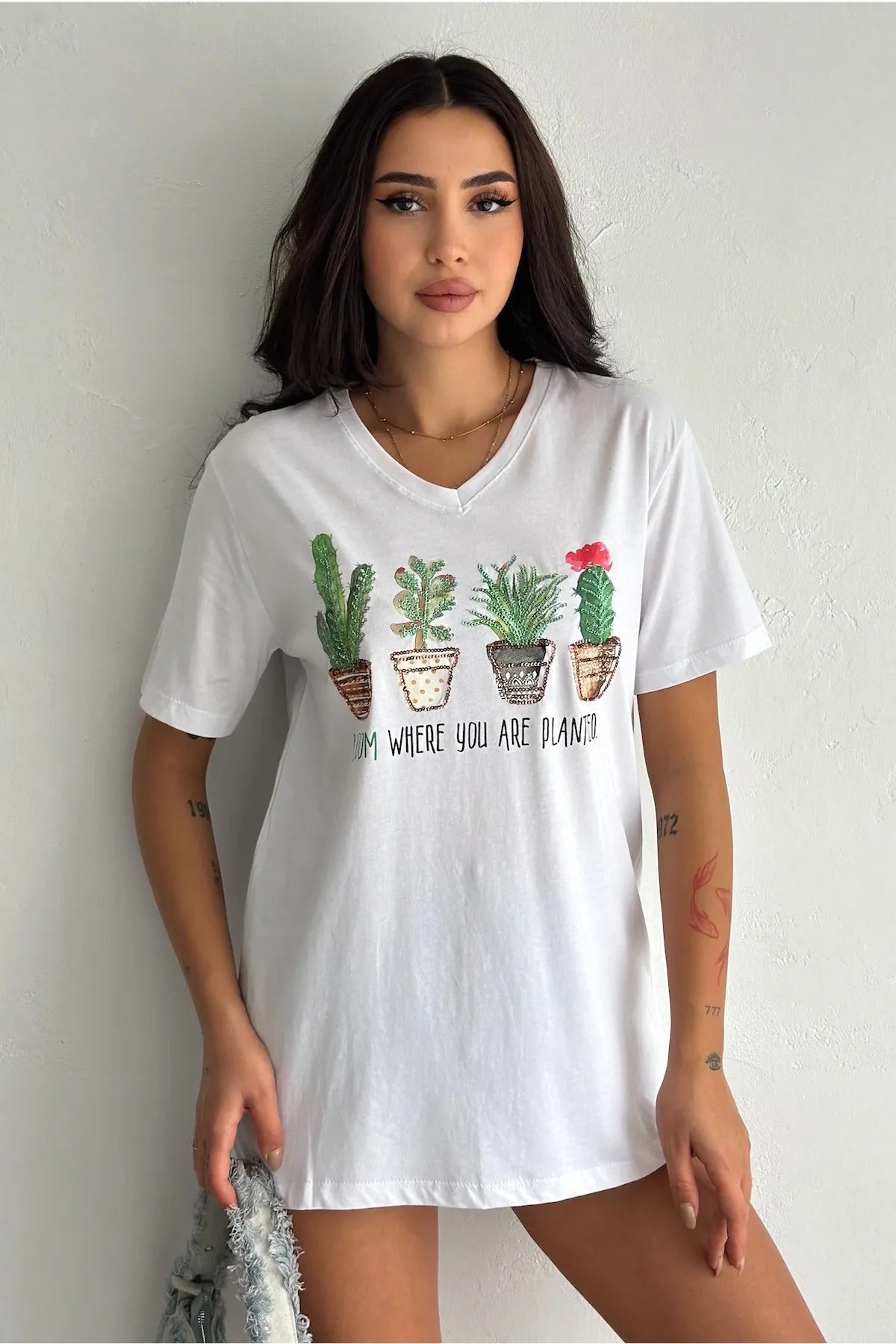 Tilda Cactus Floral Sequin Cotton T-Shirt - White