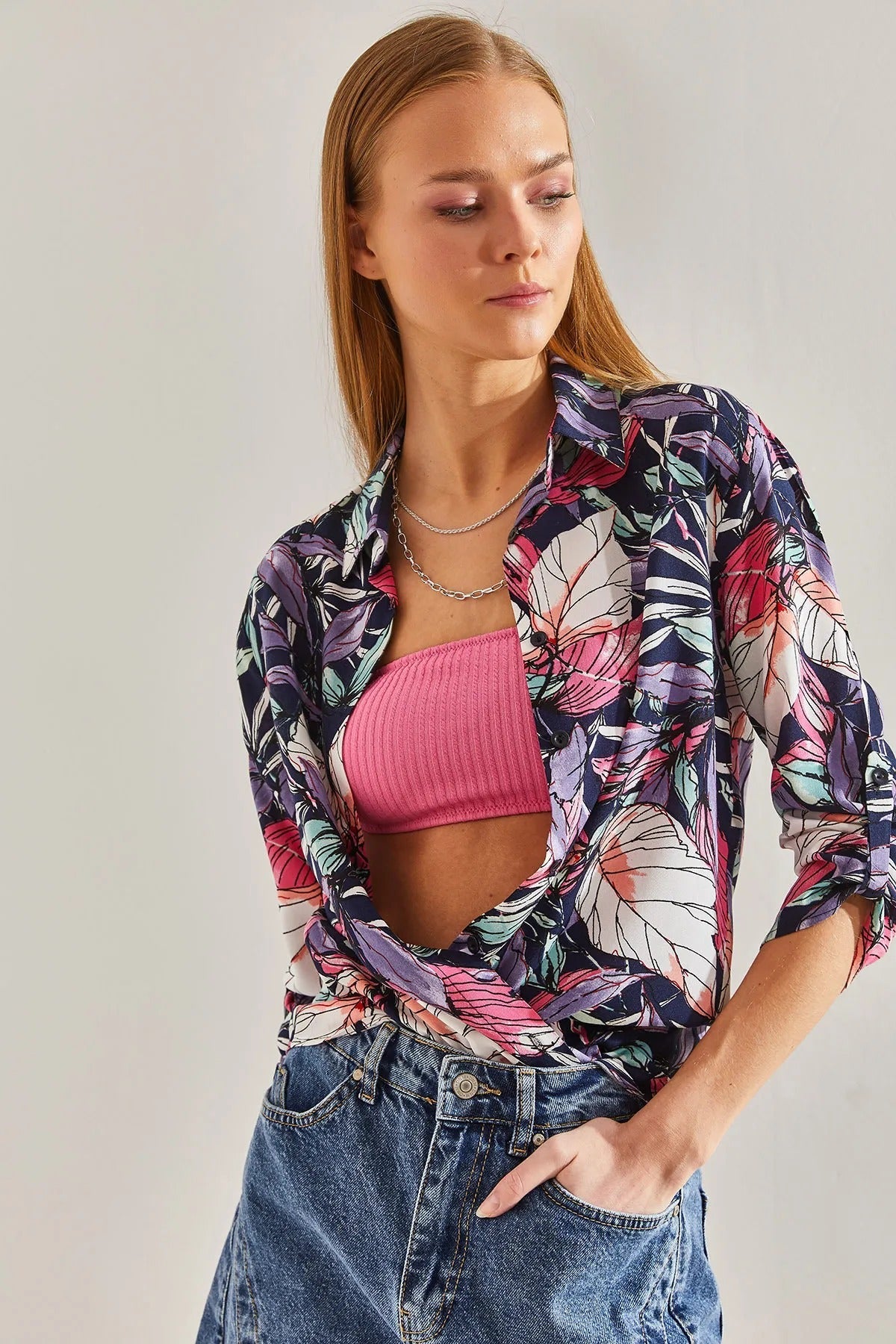 Sophia Purple Blue Colorful Leaf Print Blouse
