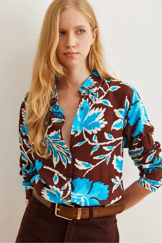 Sophia Blue Brown Floral Designer Button Down Shirt