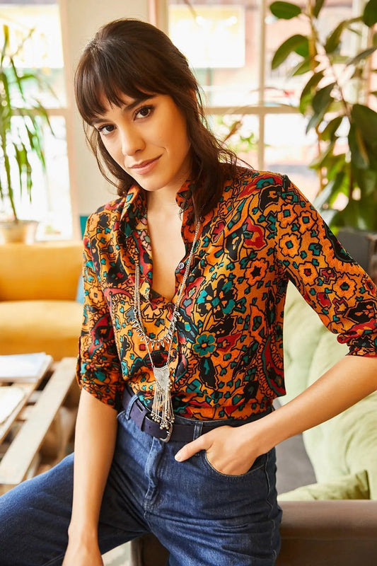 Sophia Boho Paisley Print Ethnic Orange Button Down Shirt