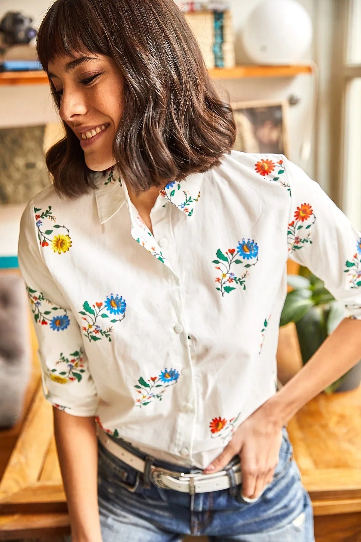 Sophia White Floral Designer Button Down Shirt