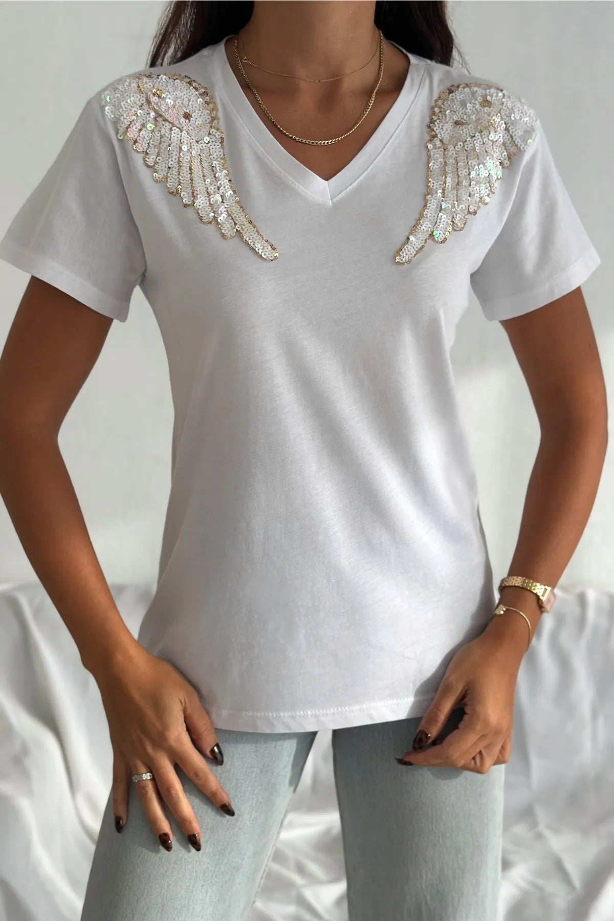 Tilda Angel Sequin Cotton Short Sleeve T-Shirt - White