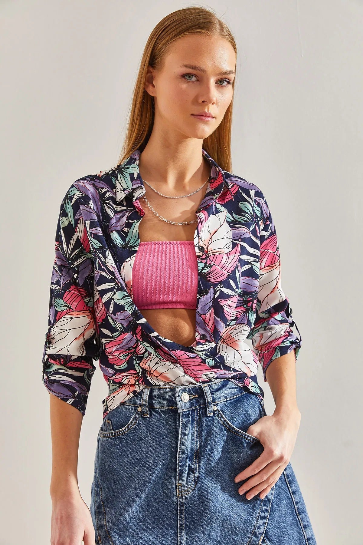 Sophia Purple Blue Colorful Leaf Print Blouse