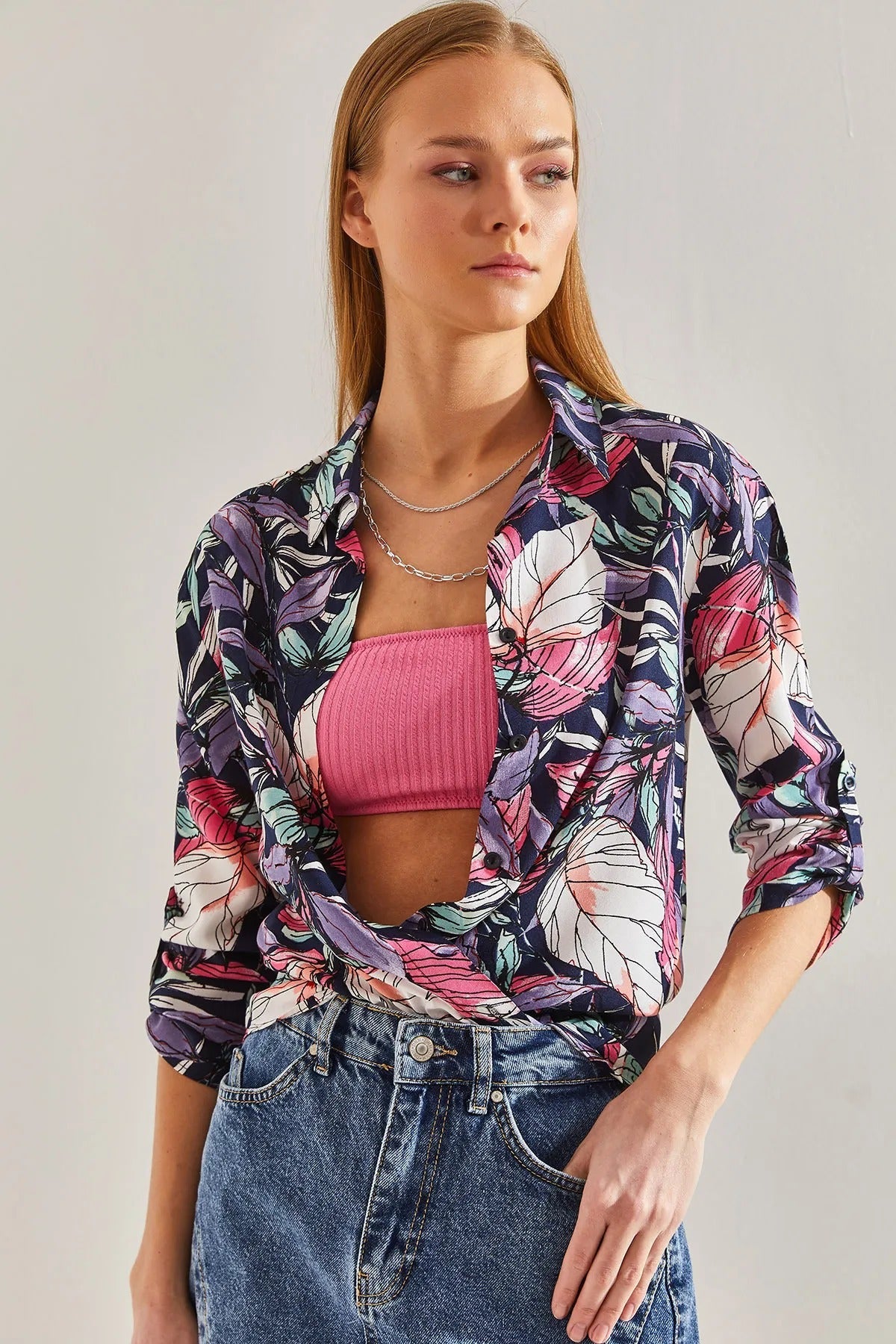 Sophia Purple Blue Colorful Leaf Print Blouse