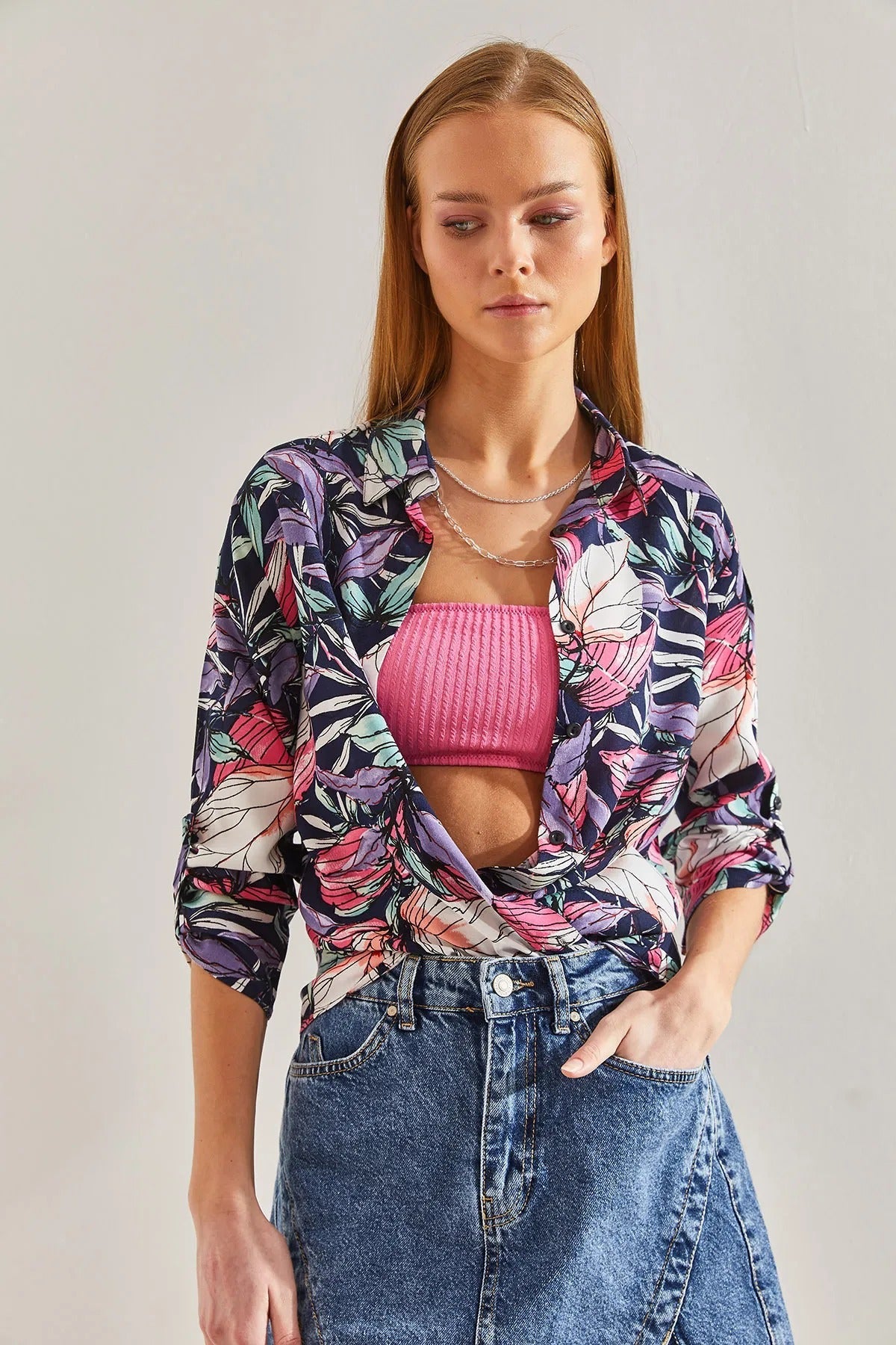 Sophia Purple Blue Colorful Leaf Print Blouse