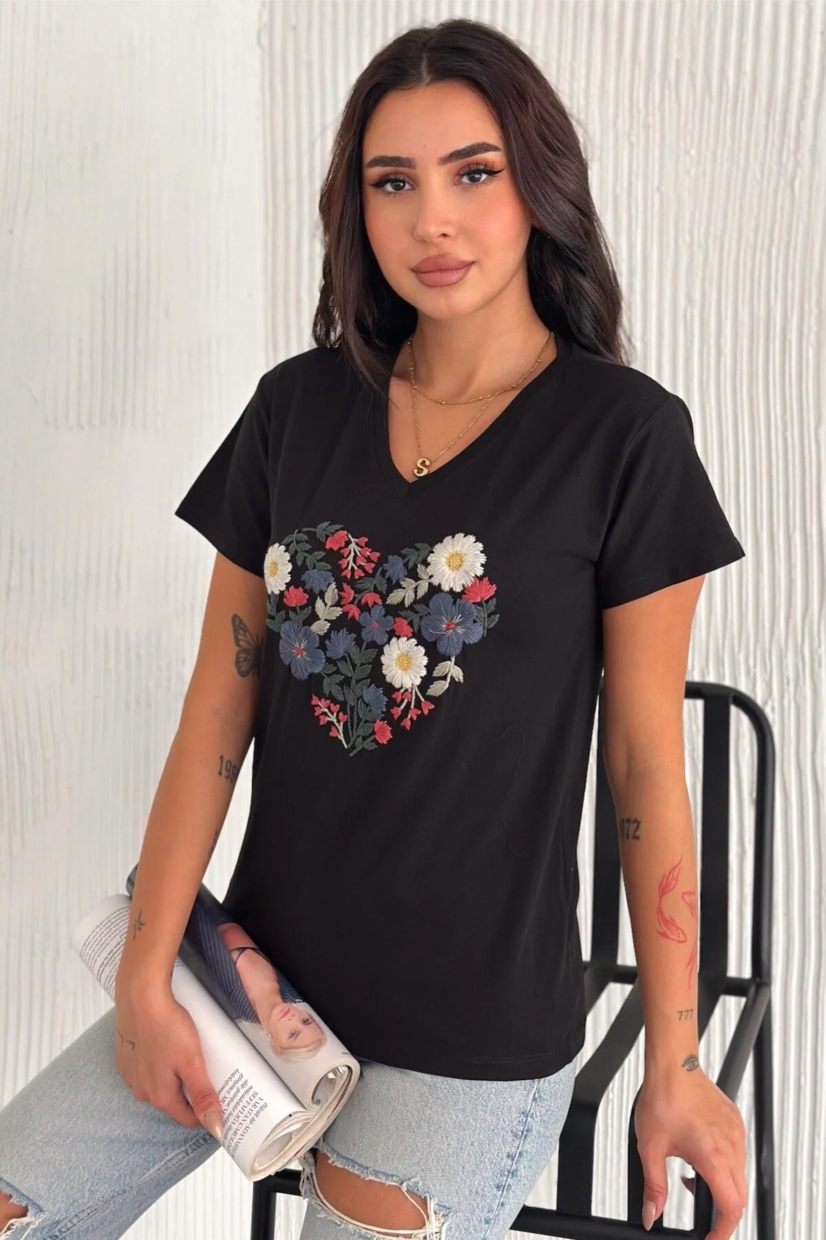 Tilda Black Floral Embroidered T-Shirt
