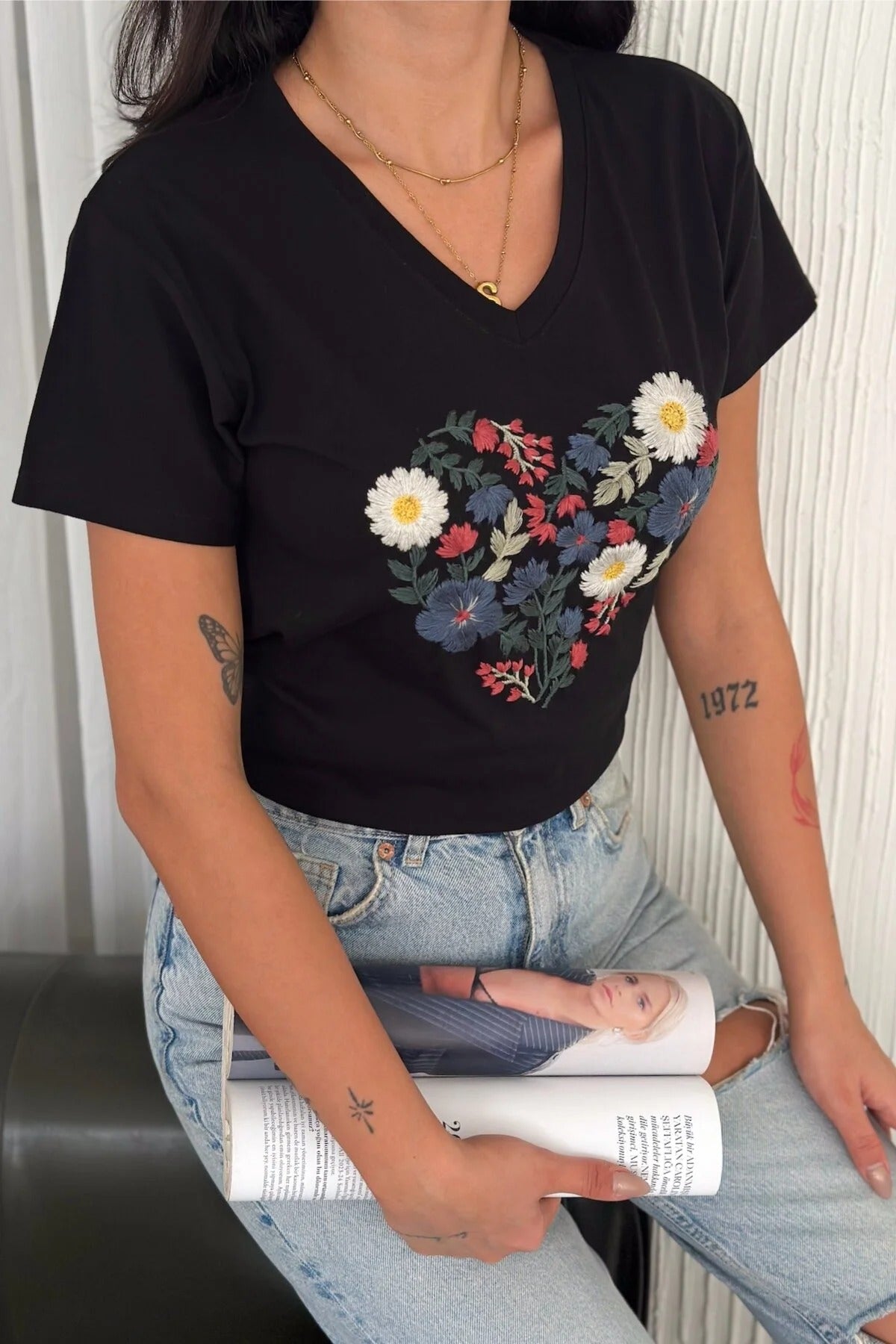 Tilda Black Floral Embroidered T-Shirt