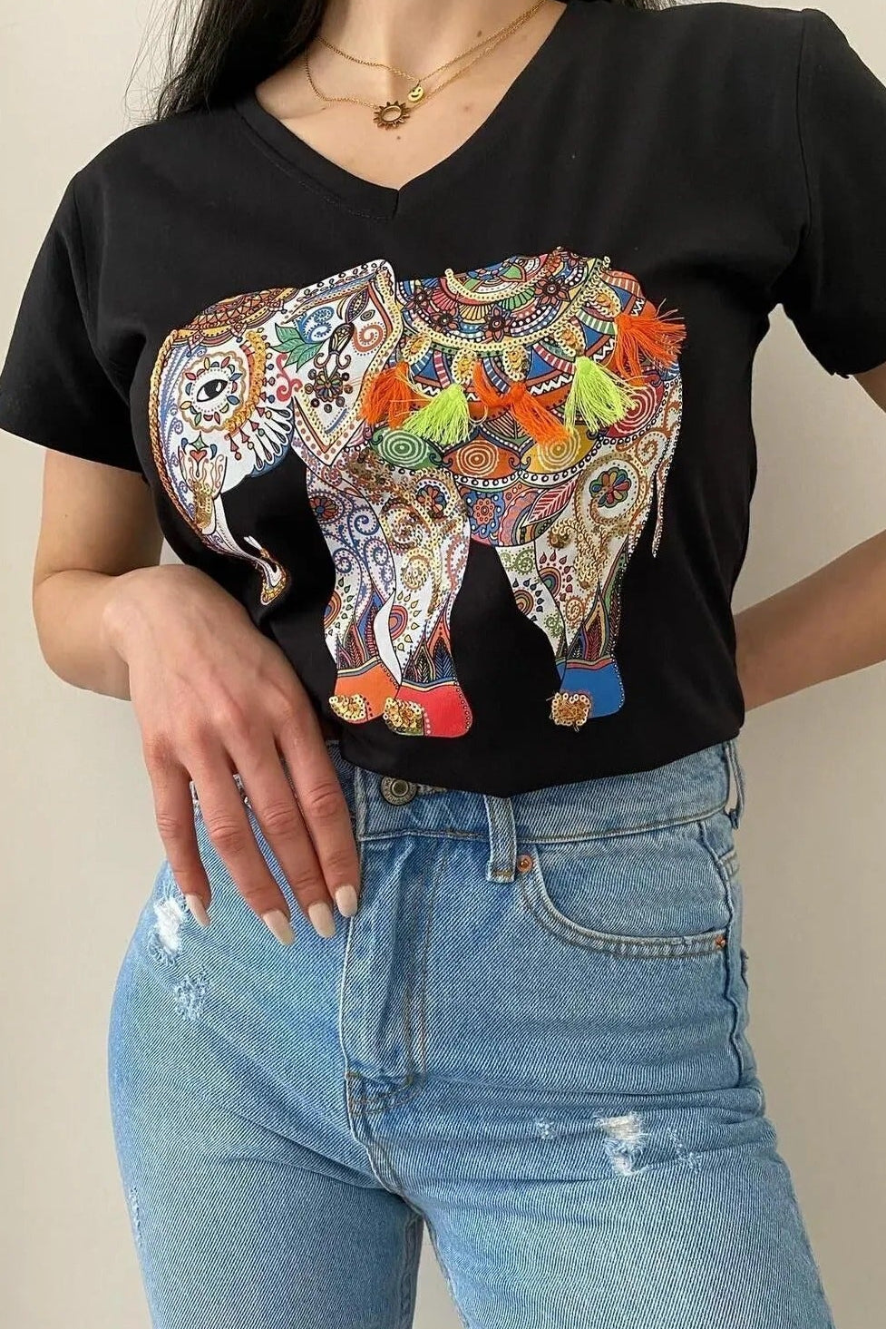 Tilda Black Elephant Sequin Cotton T-Shirt