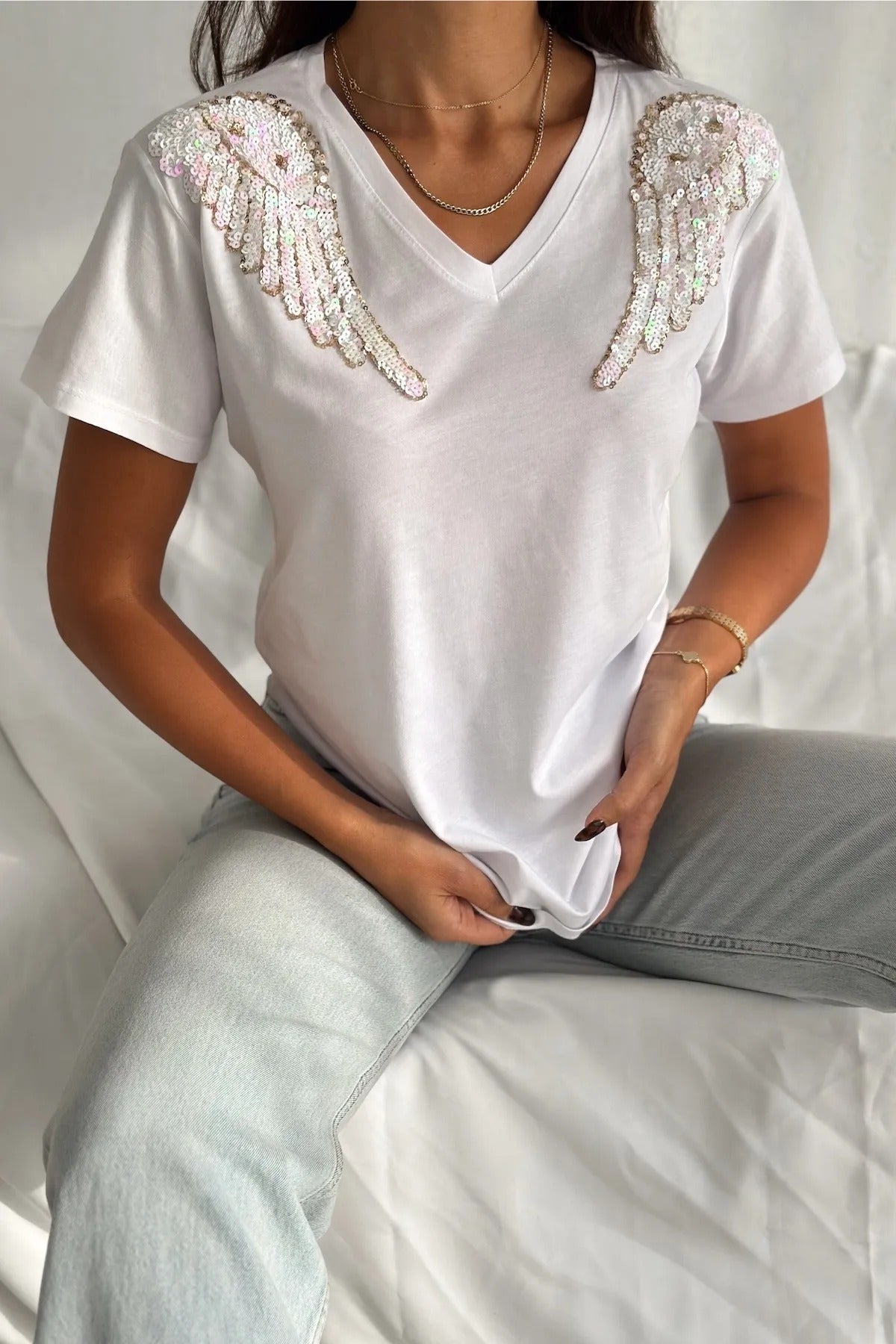 Tilda Angel Sequin Cotton Short Sleeve T-Shirt - White