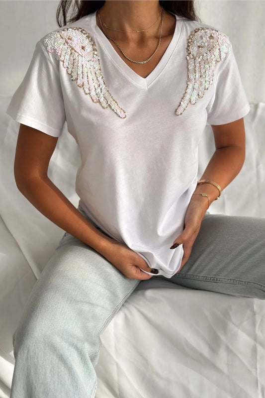 Tilda Angel Sequin Cotton Short Sleeve T-Shirt - White