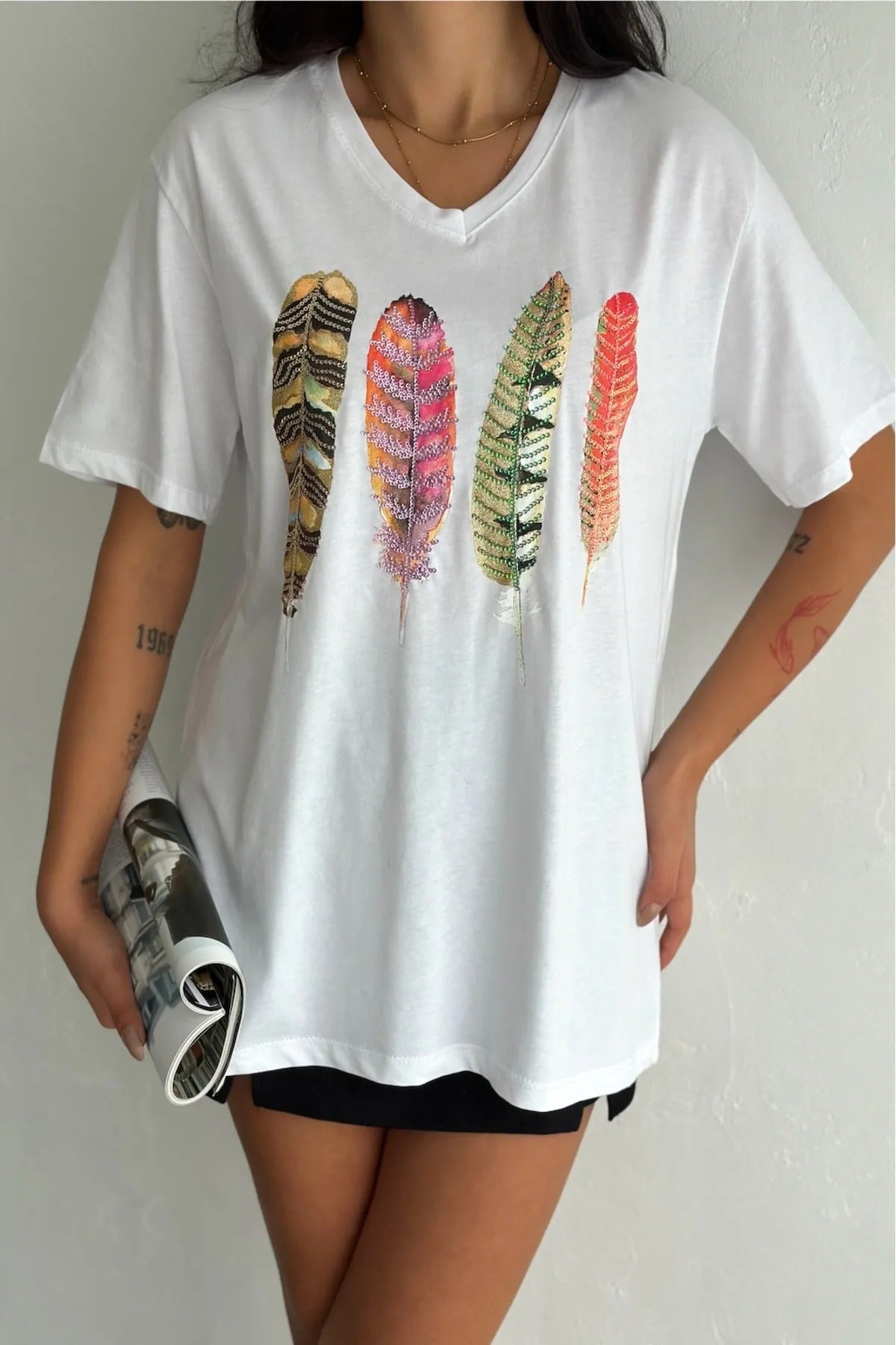 Tilda Leaf Sequin Cotton Short Sleeve T-Shirt - White