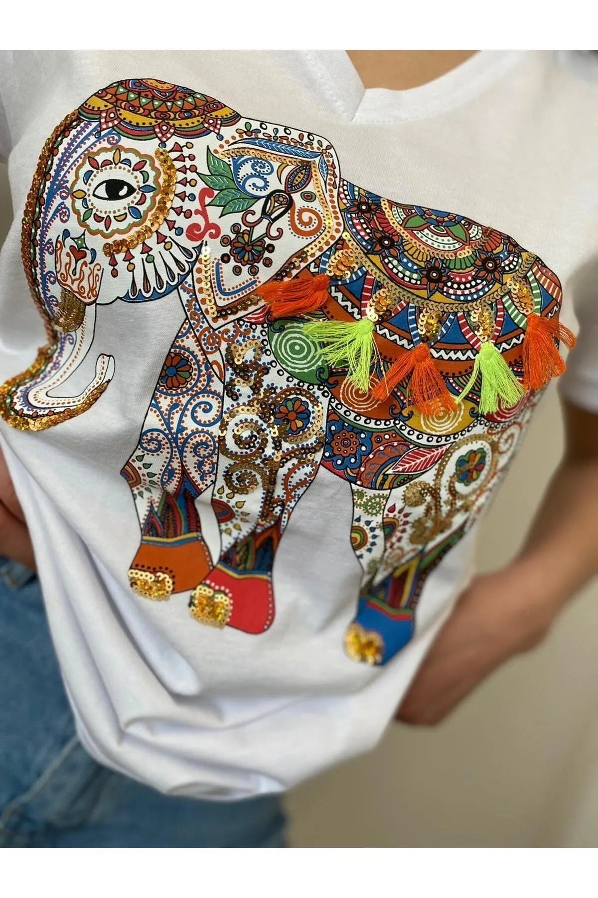 Tilda White Elephant Sequin Cotton T-Shirt