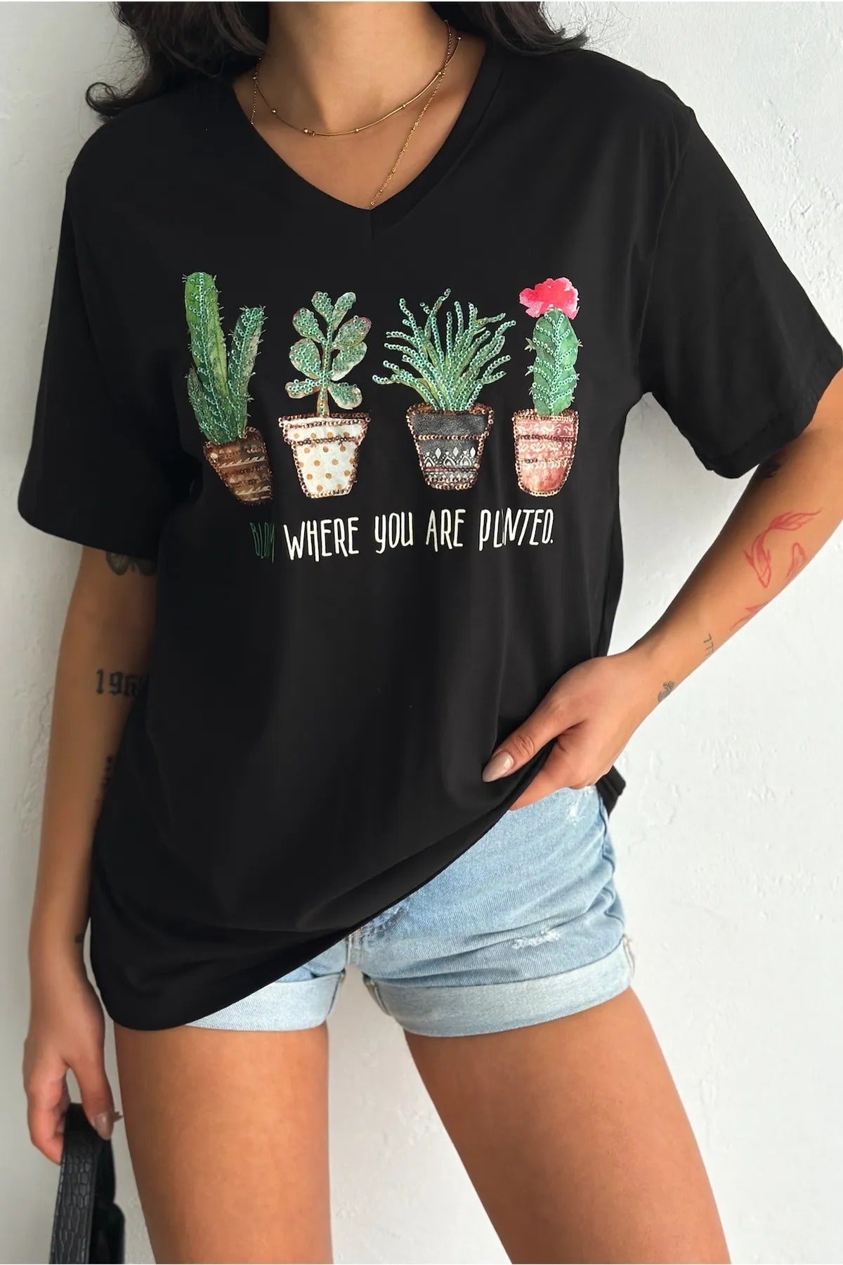 Tilda Black Cactus Floral Sequin Cotton T-Shirt