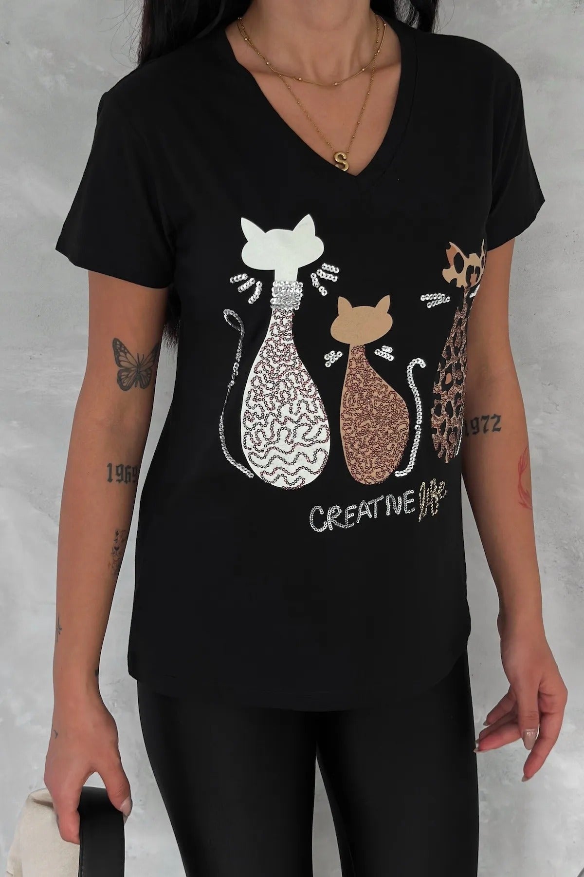 Tilda Cat Sequin Cotton Short Sleeve T-Shirt - Black