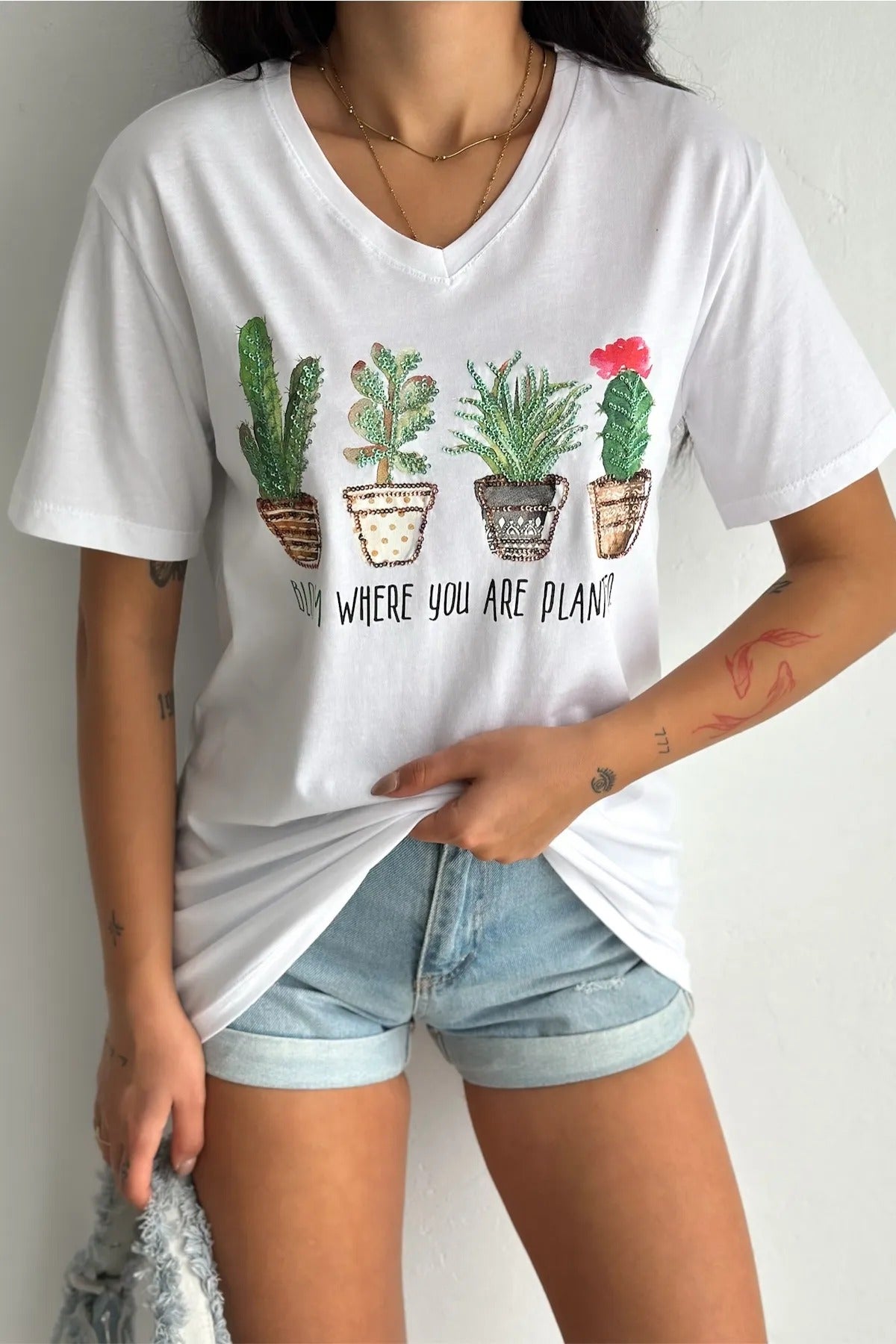 Tilda Cactus Floral Sequin Cotton T-Shirt - White