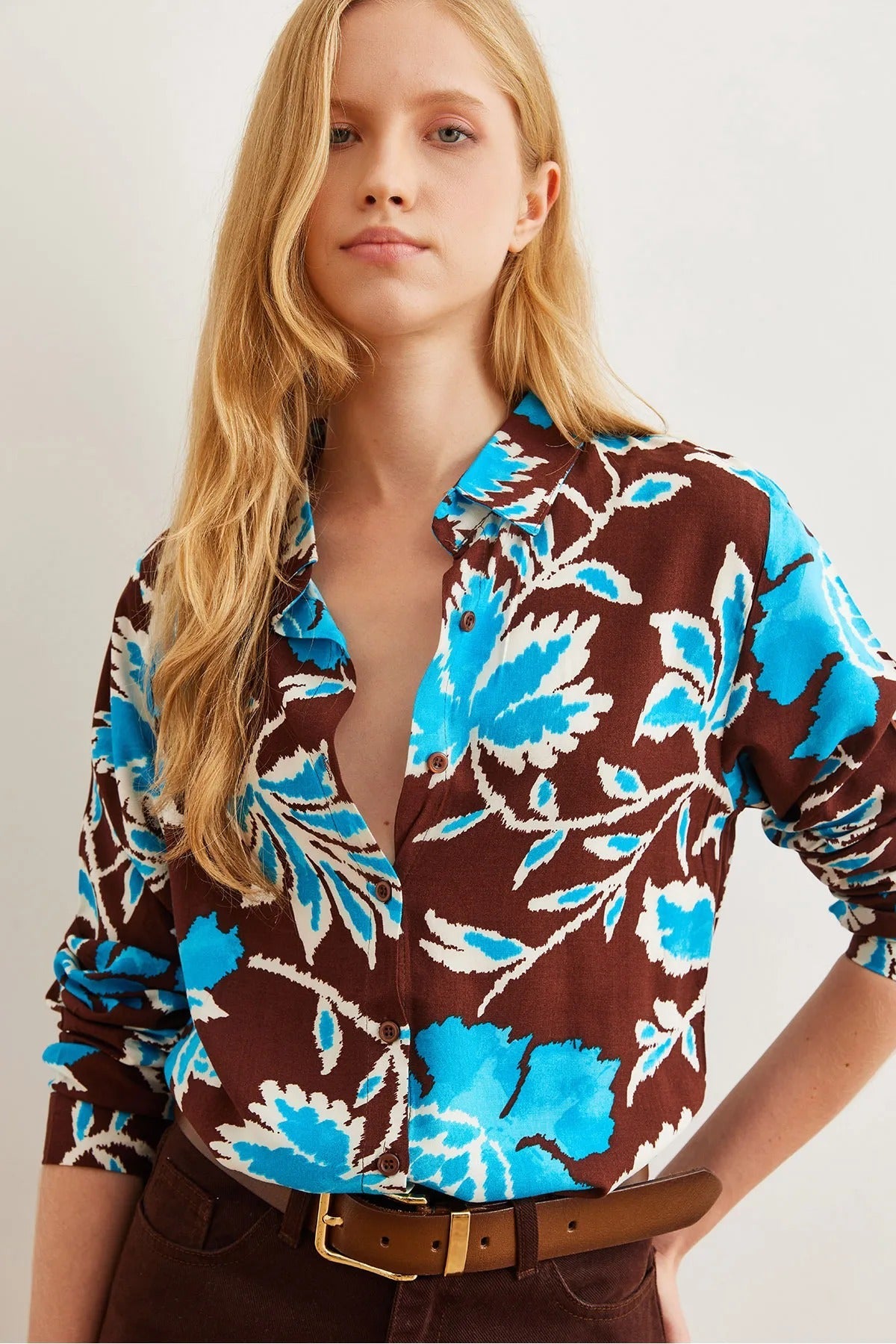 Sophia Blue Brown Floral Designer Button Down Shirt