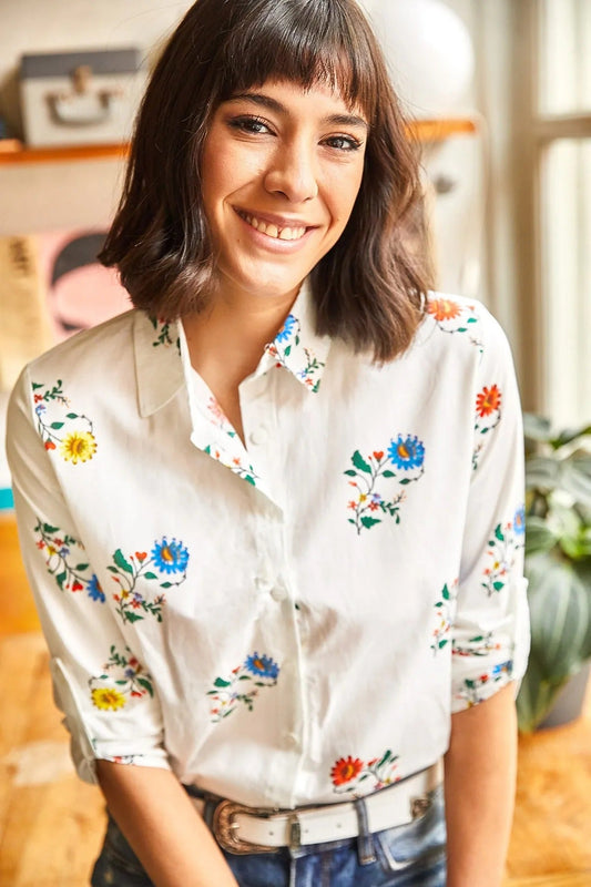 Sophia White Floral Designer Button Down Shirt