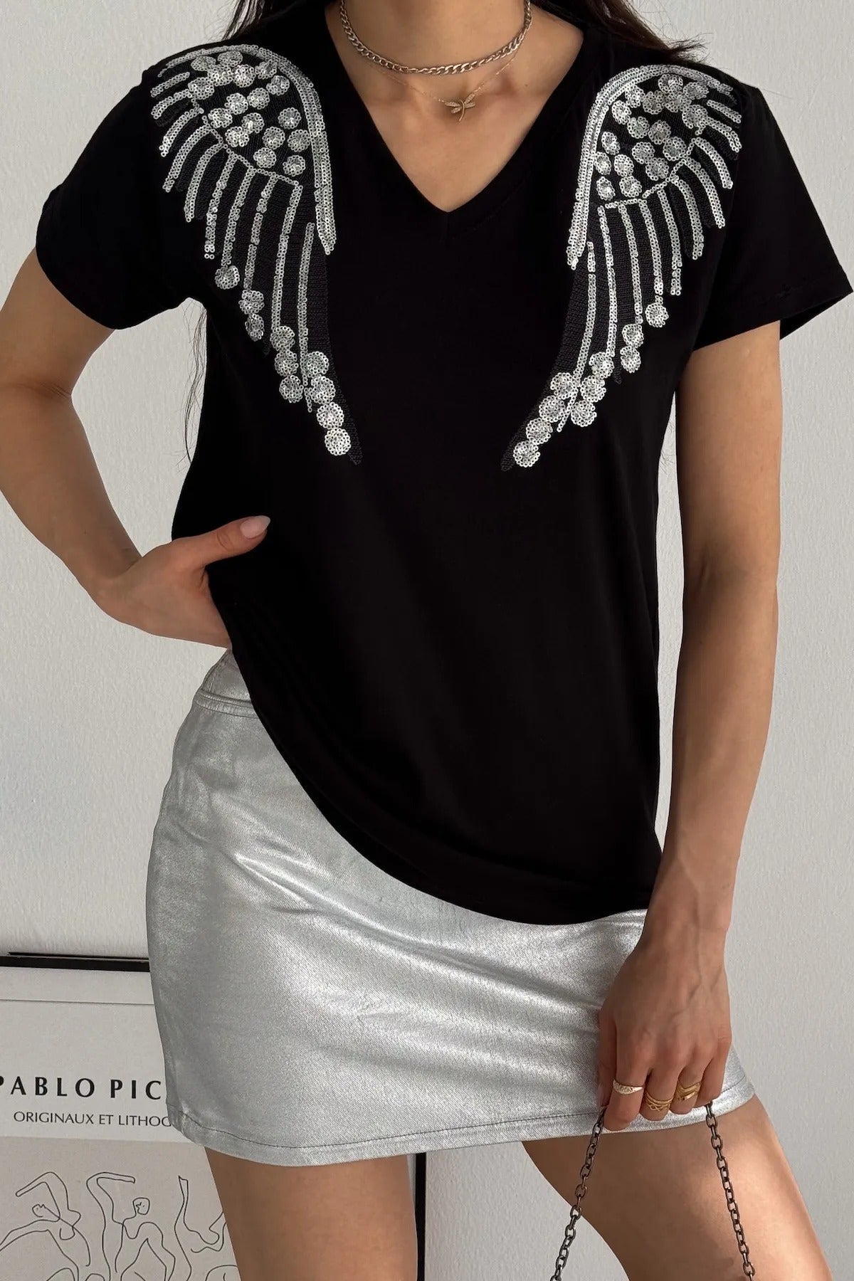 Tilda Angel Sequin Cotton Short Sleeve T-Shirt - Black