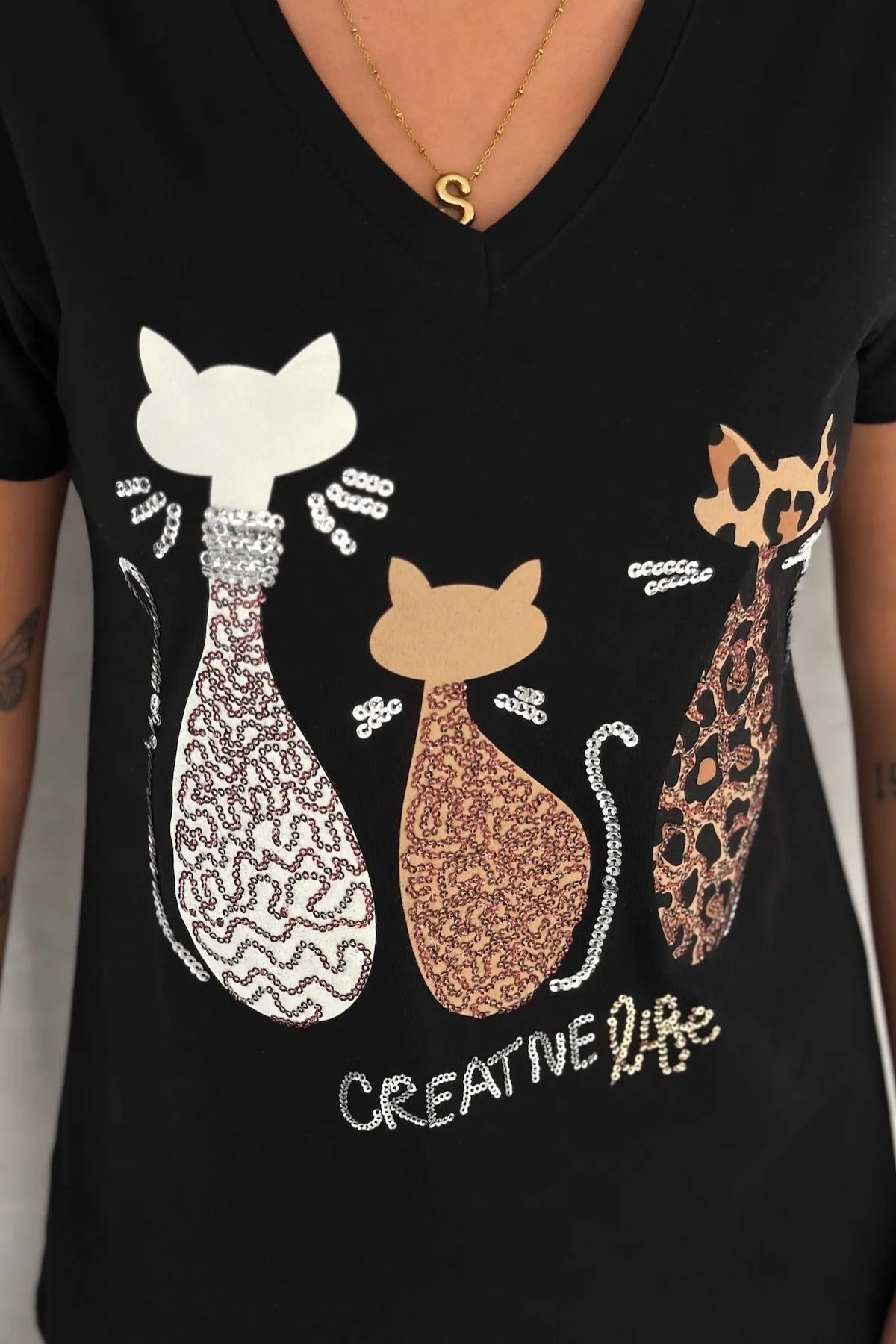 Tilda Cat Sequin Cotton Short Sleeve T-Shirt - Black