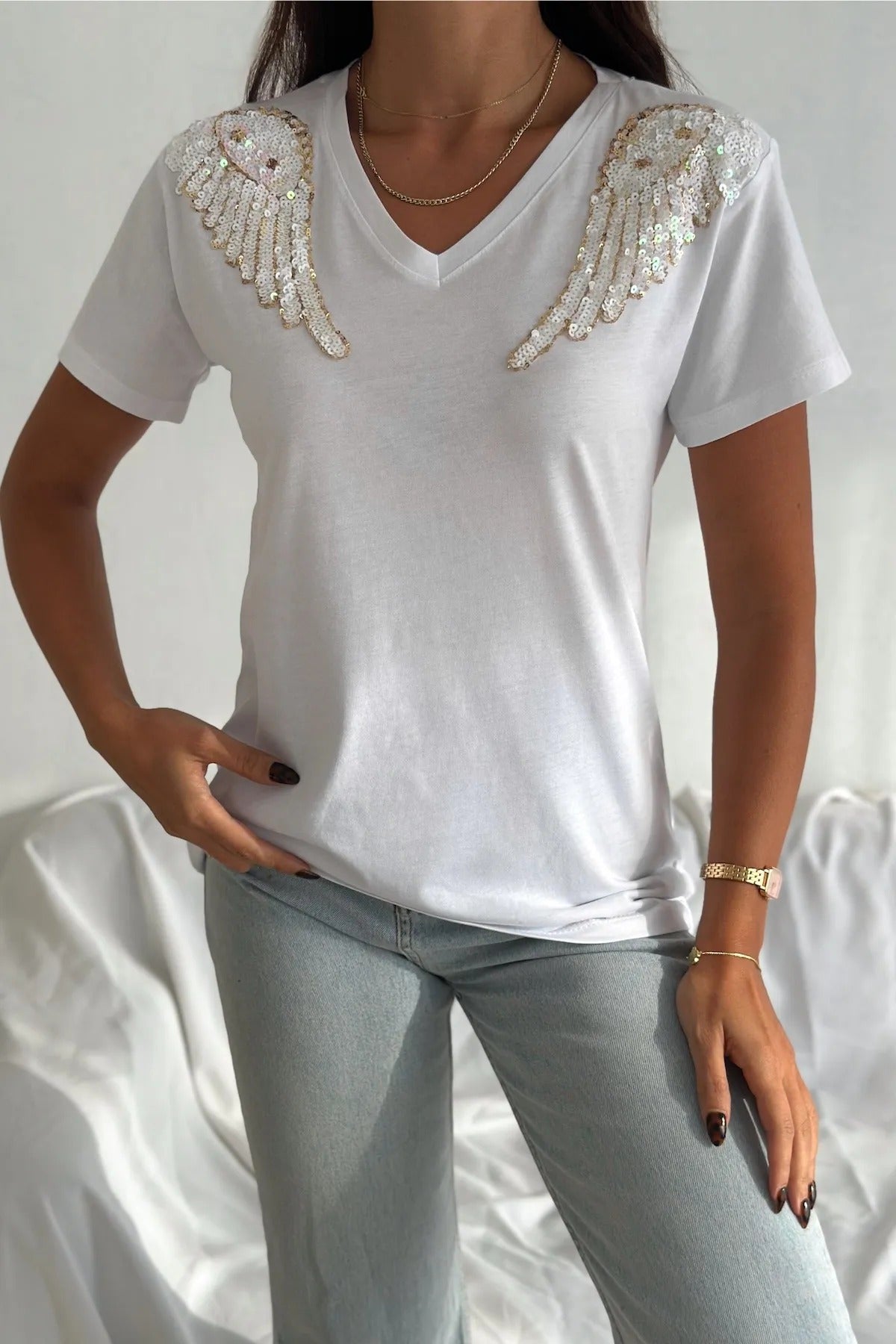 Tilda Angel Sequin Cotton Short Sleeve T-Shirt - White